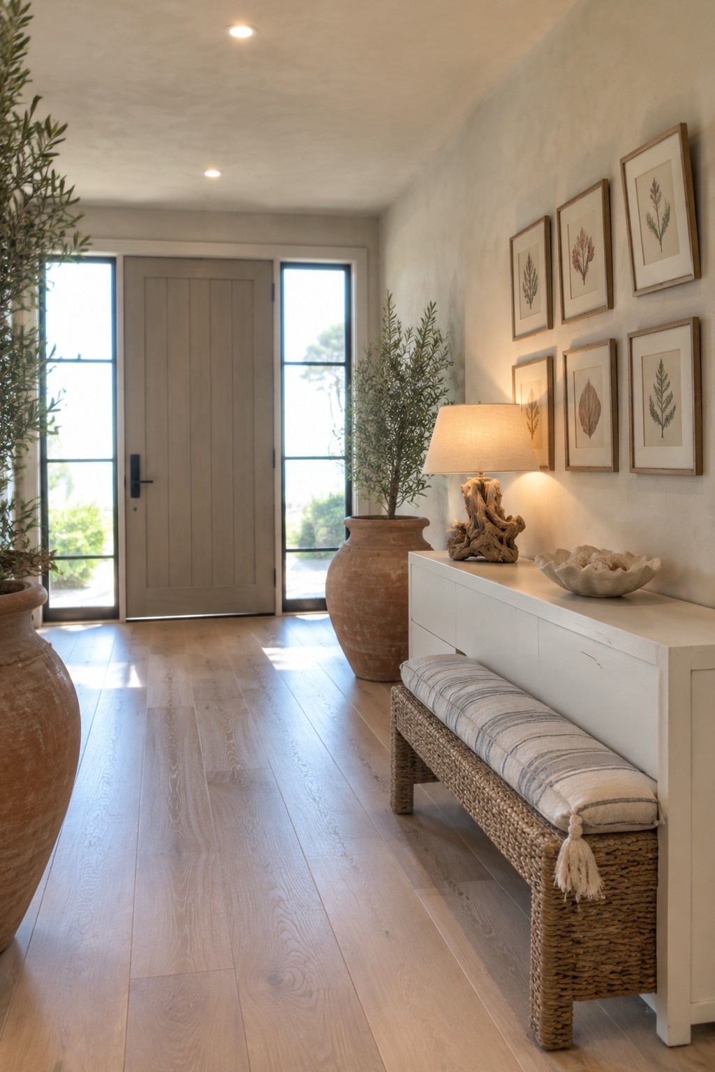 An interior entryway showing a white console table with a lit table lamp on a driftwood base, a woven bench with a striped cushion below it, framed botanical prints on the wall, and large terracotta pots near glass doors.