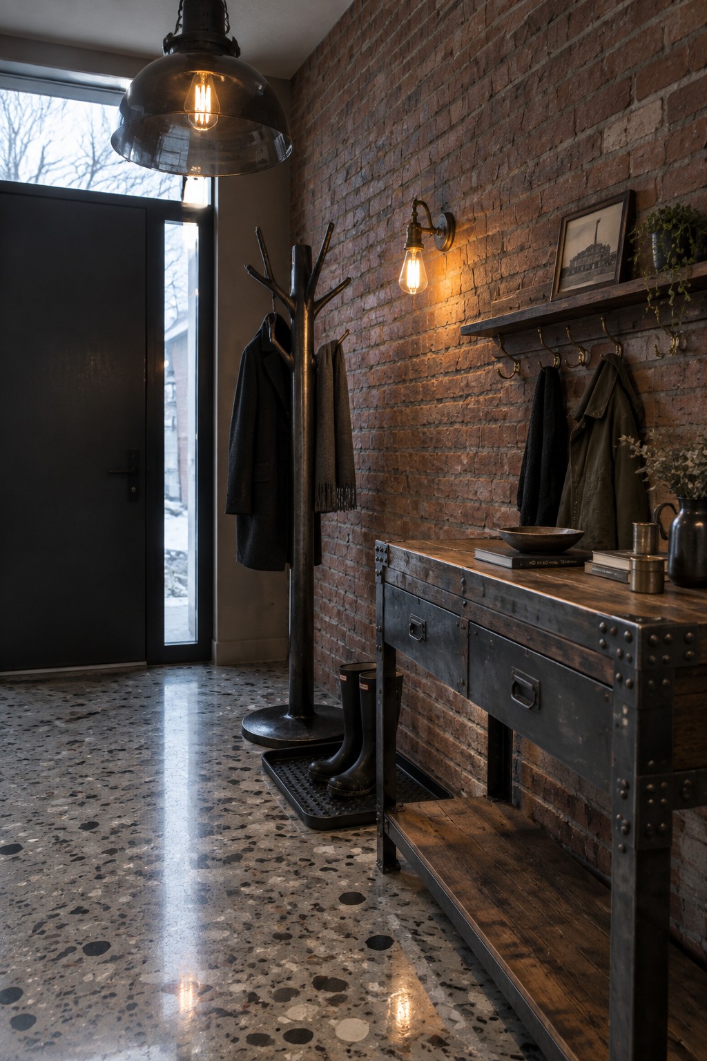Industrial entryway with red brick wall, metal console table, coat rack and boots.