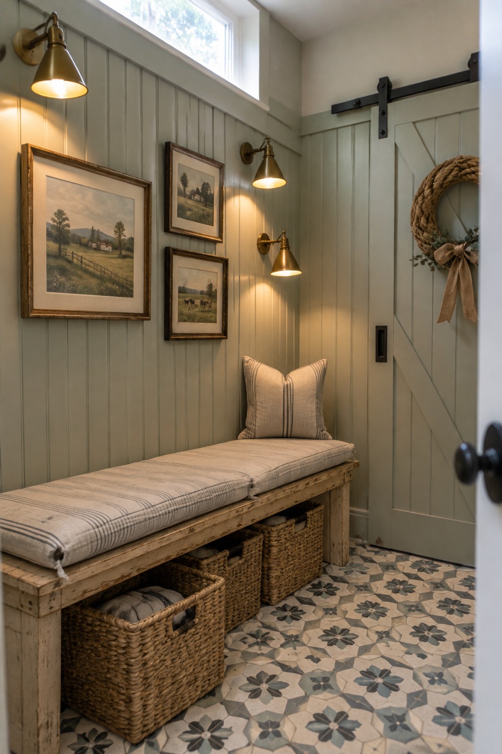 A narrow entryway with a wooden bench, storage baskets underneath, framed art on a green paneled wall, multiple brass wall sconces, and a window above.
