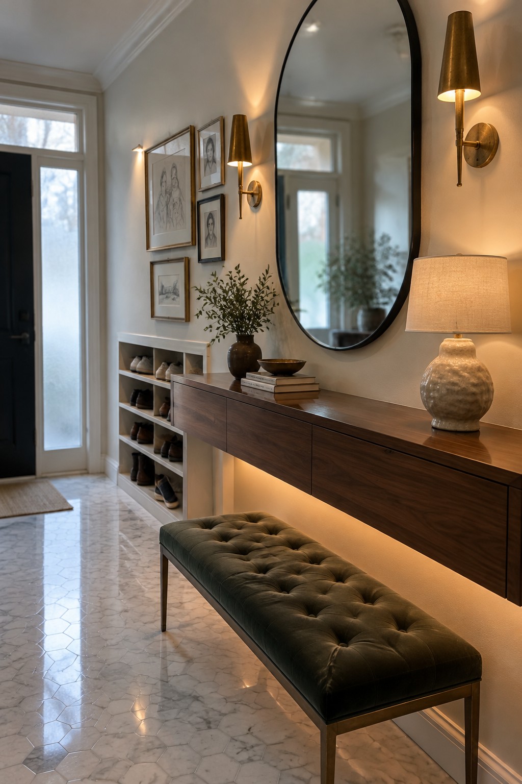 A modern entryway with a dark wood console table, round black mirror, two brass wall sconces, a ceramic table lamp, and a green tufted bench on a marble floor.