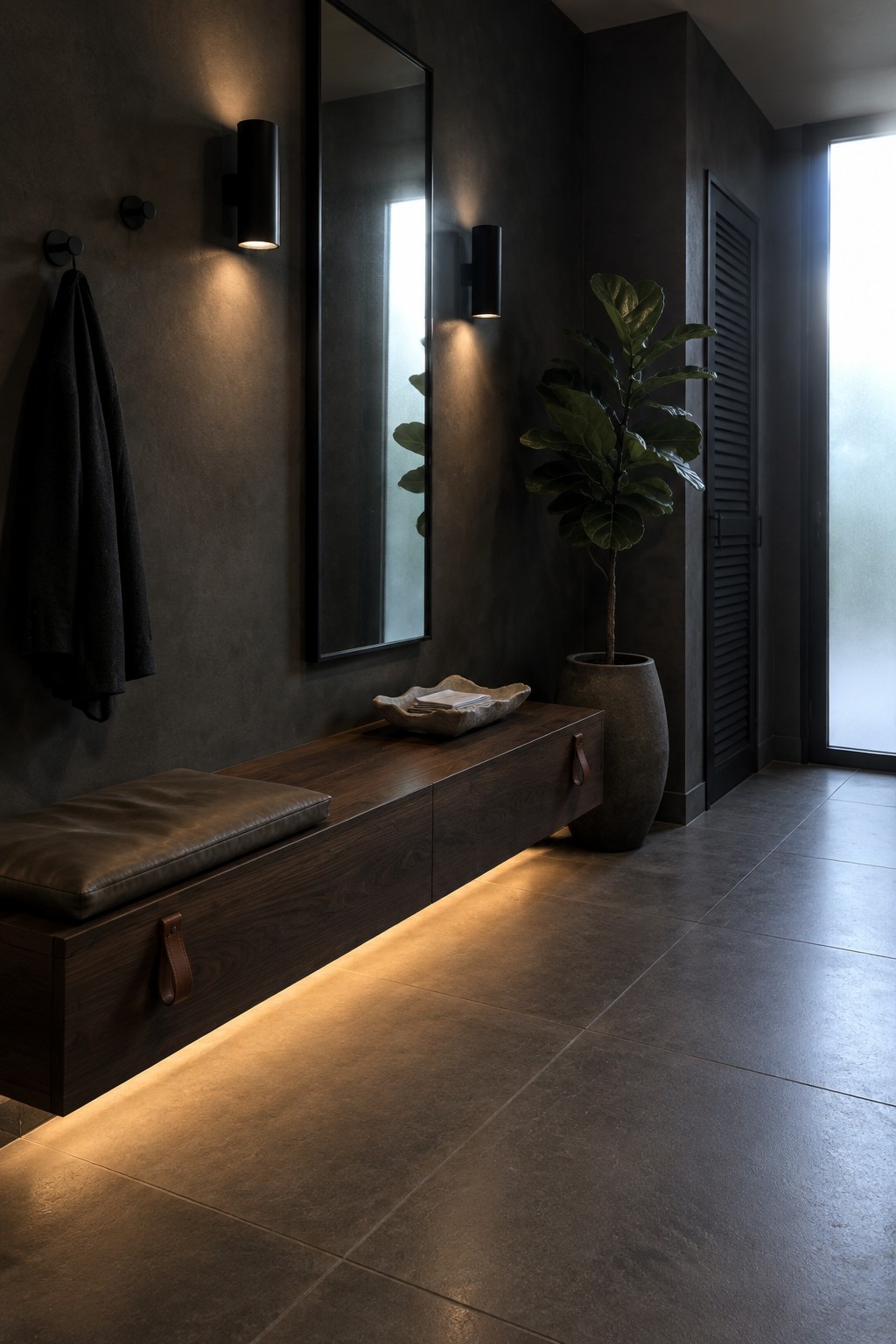 A narrow interior entryway with dark walls, a floating dark wood bench with under-lighting, two black cylindrical wall sconces flanking a tall mirror, a large potted plant, and gray floor tiles.