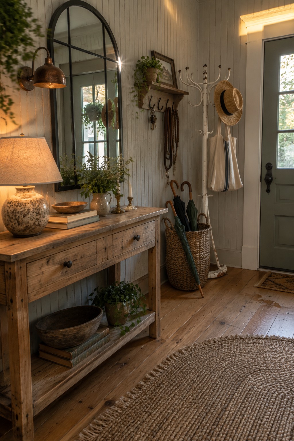 A rustic wooden console table in an entryway holds a lit table lamp and books beneath a large arched mirror, with a wall sconce mounted to the left and a coat rack visible beside a front door.