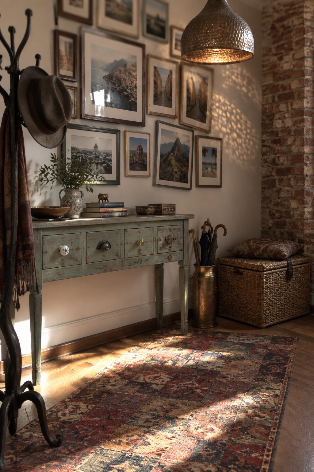 An entryway with a large hammered metal pendant light hanging above a distressed teal console table, framed pictures on the wall, a coat rack on the left, and a patterned rug on the wood floor with sunlight casting shadows.