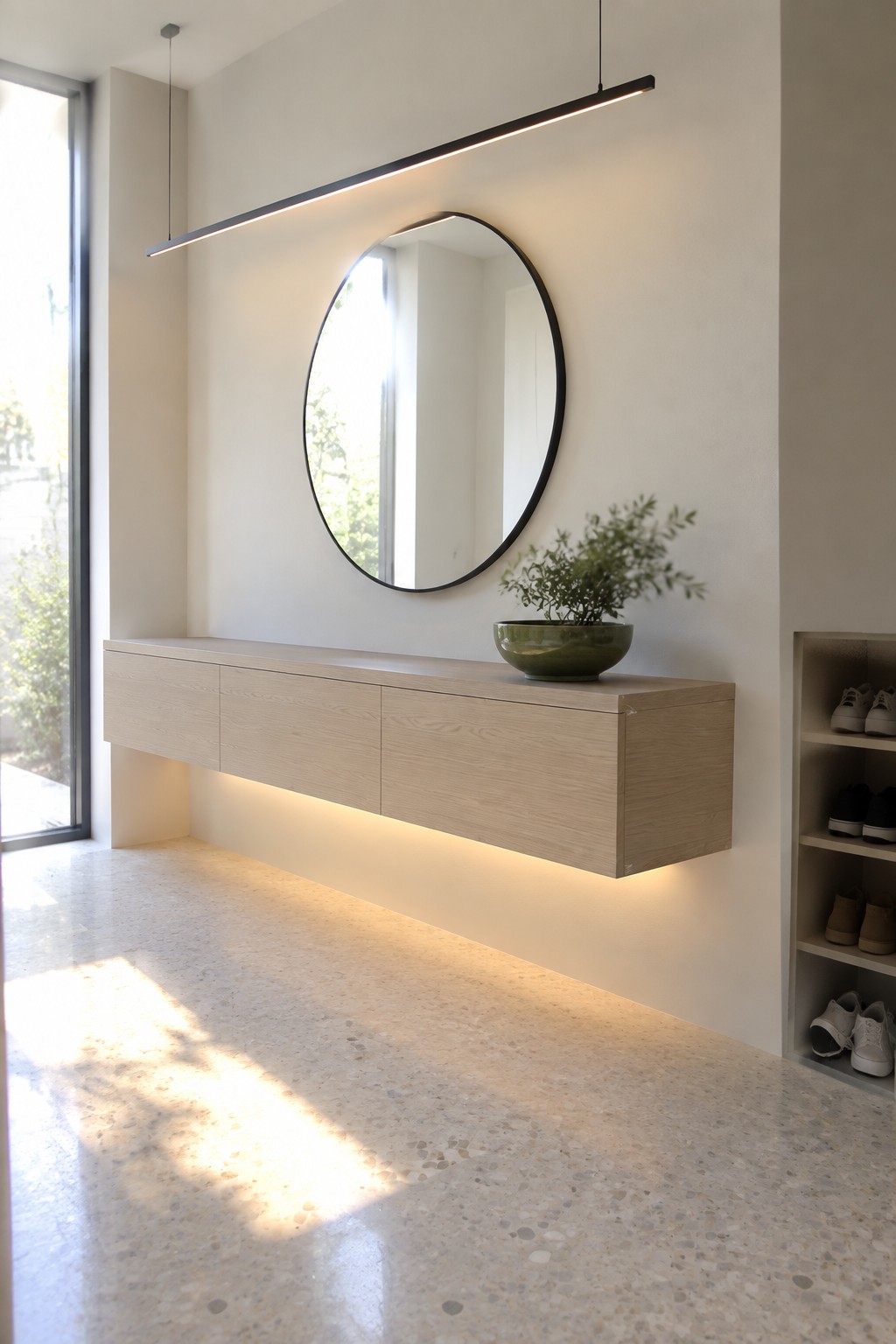 A modern entryway with a floating light wood console, round black-framed mirror, long linear pendant light, and under-console illumination above a terrazzo floor.