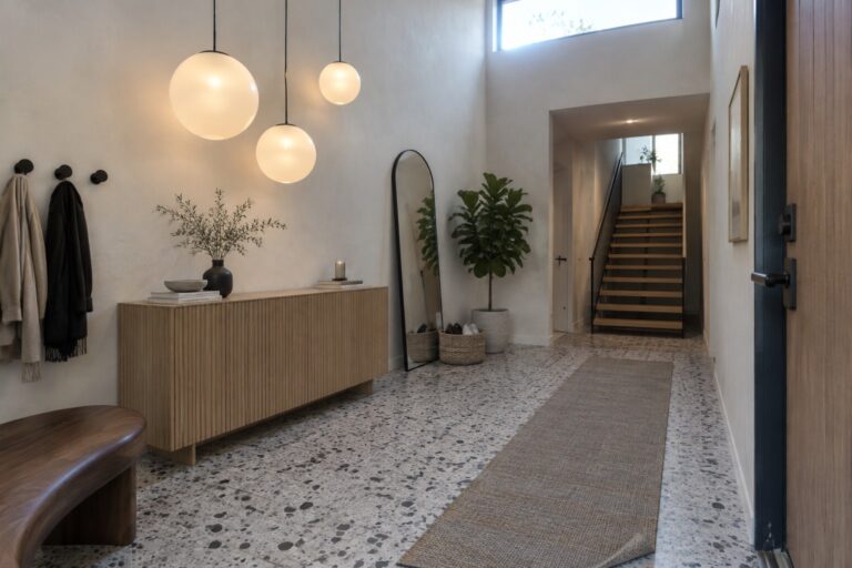 Modern hallway with terrazzo floor, jute runner, globe pendants, mirror, and console.