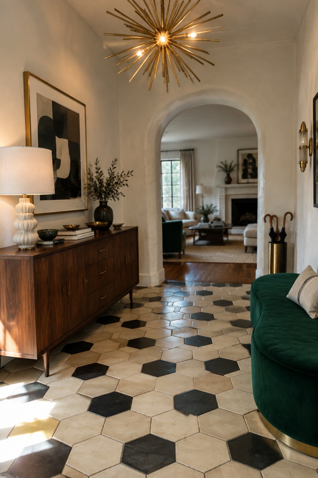 A foyer with a large gold starburst chandelier above a black and white hexagonal tile floor, a wooden console table with a lamp on the left, and an arched opening to a living room beyond.