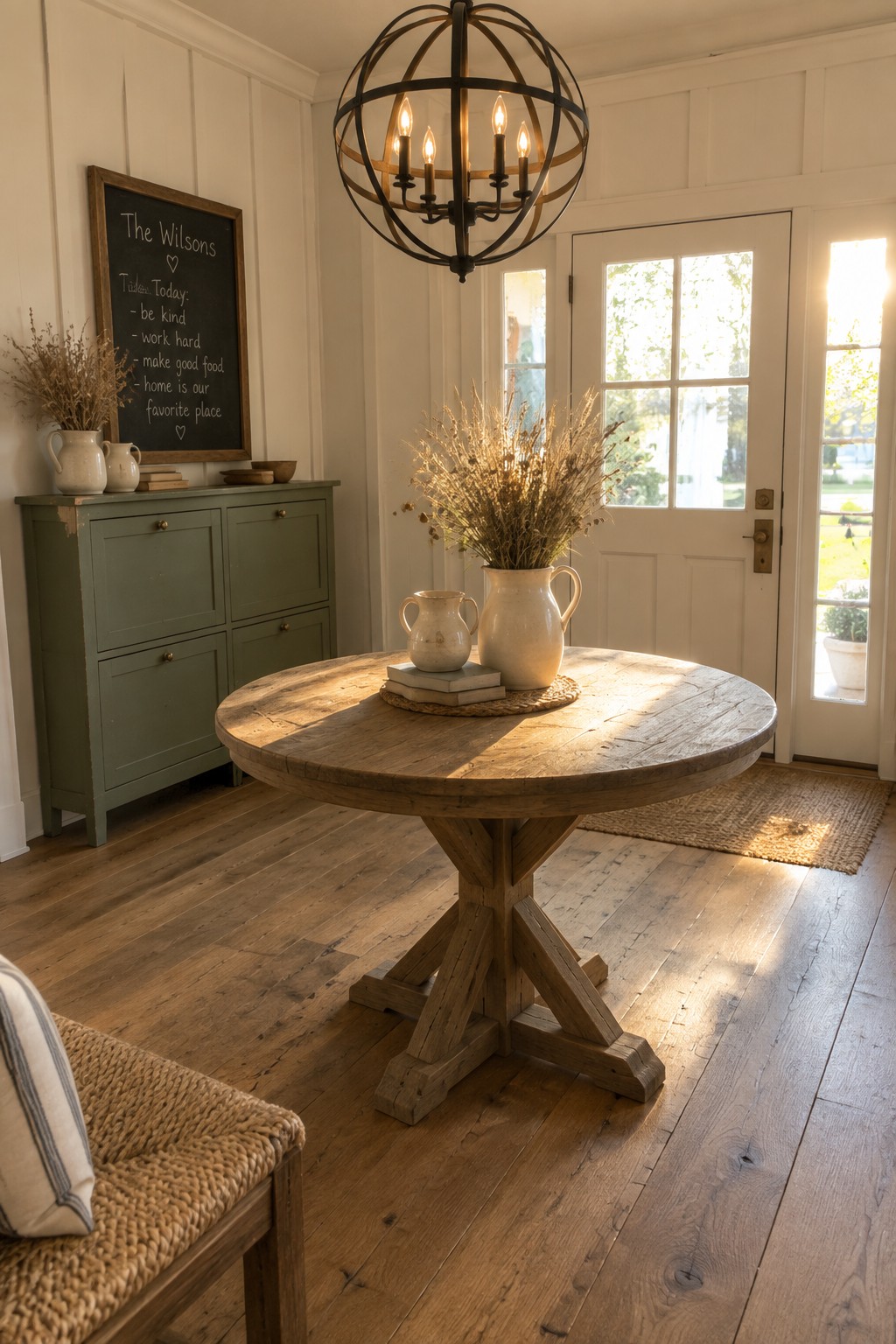 Rustic foyer with round wooden table under black orb chandelier beside green cabinet and white doors