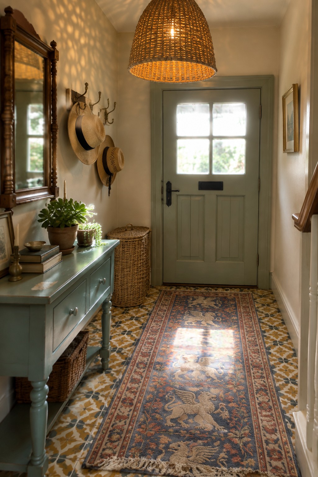 A narrow interior foyer with a large woven pendant light hanging above a long patterned runner rug that leads to a light green door.