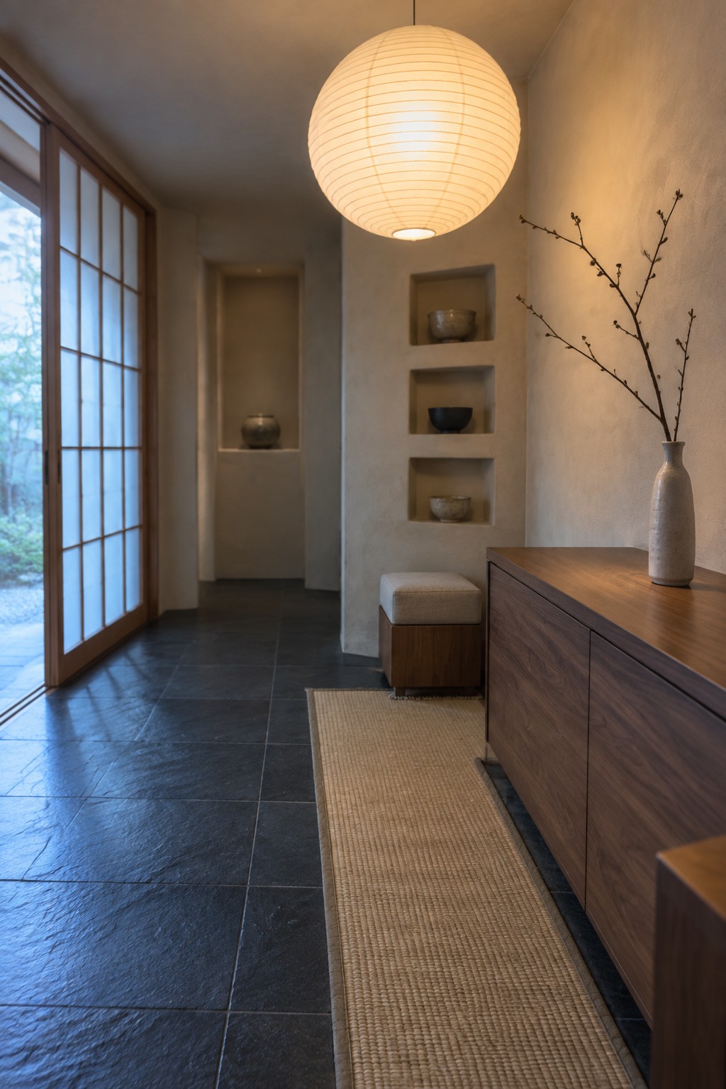 Minimalist Japanese hallway with paper lantern, wooden cabinet, woven runner, and wall niches.