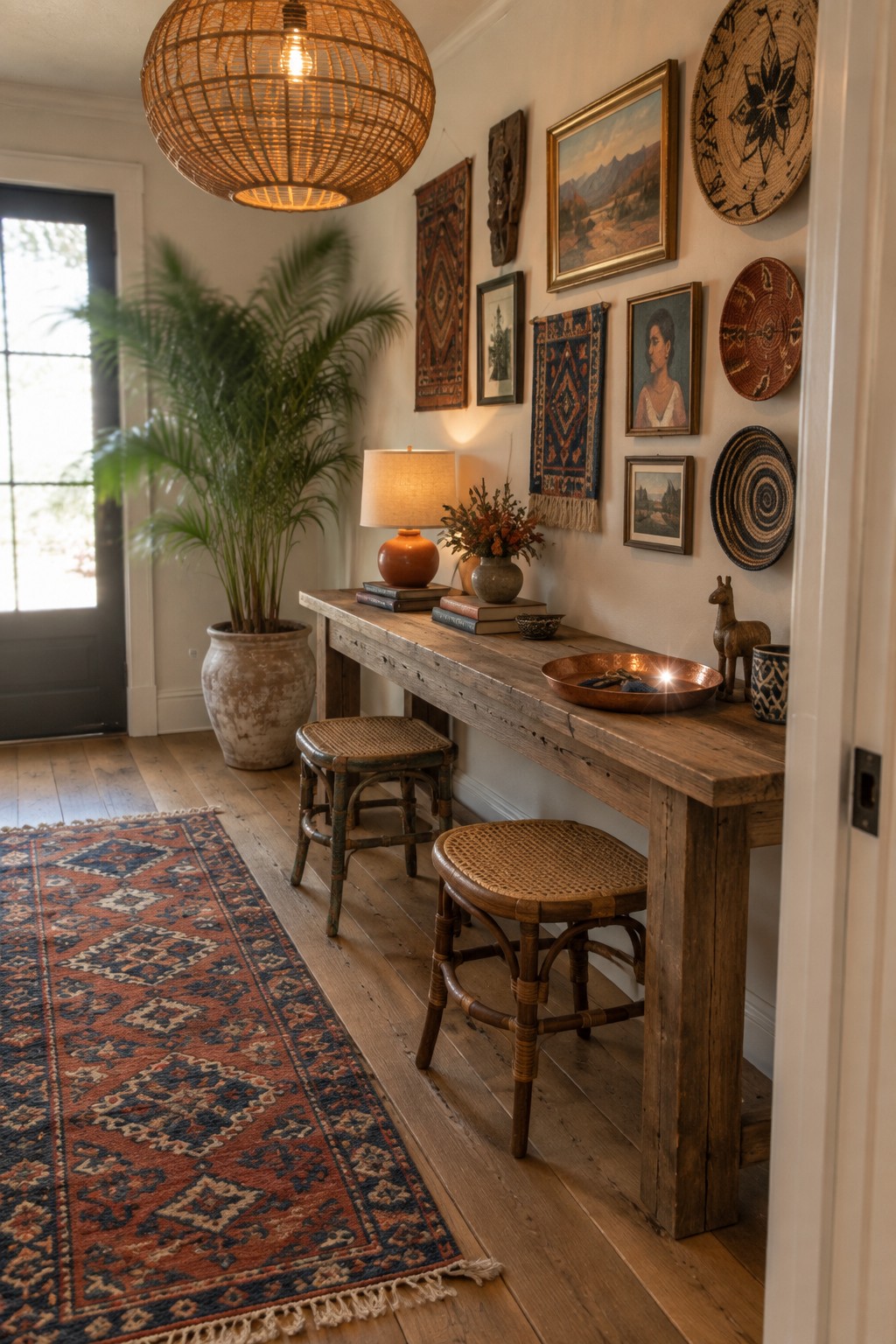 A foyer interior with a large round woven pendant light hanging above a long wooden console table, two rattan stools, a patterned rug, and a wall display of framed art and woven baskets.