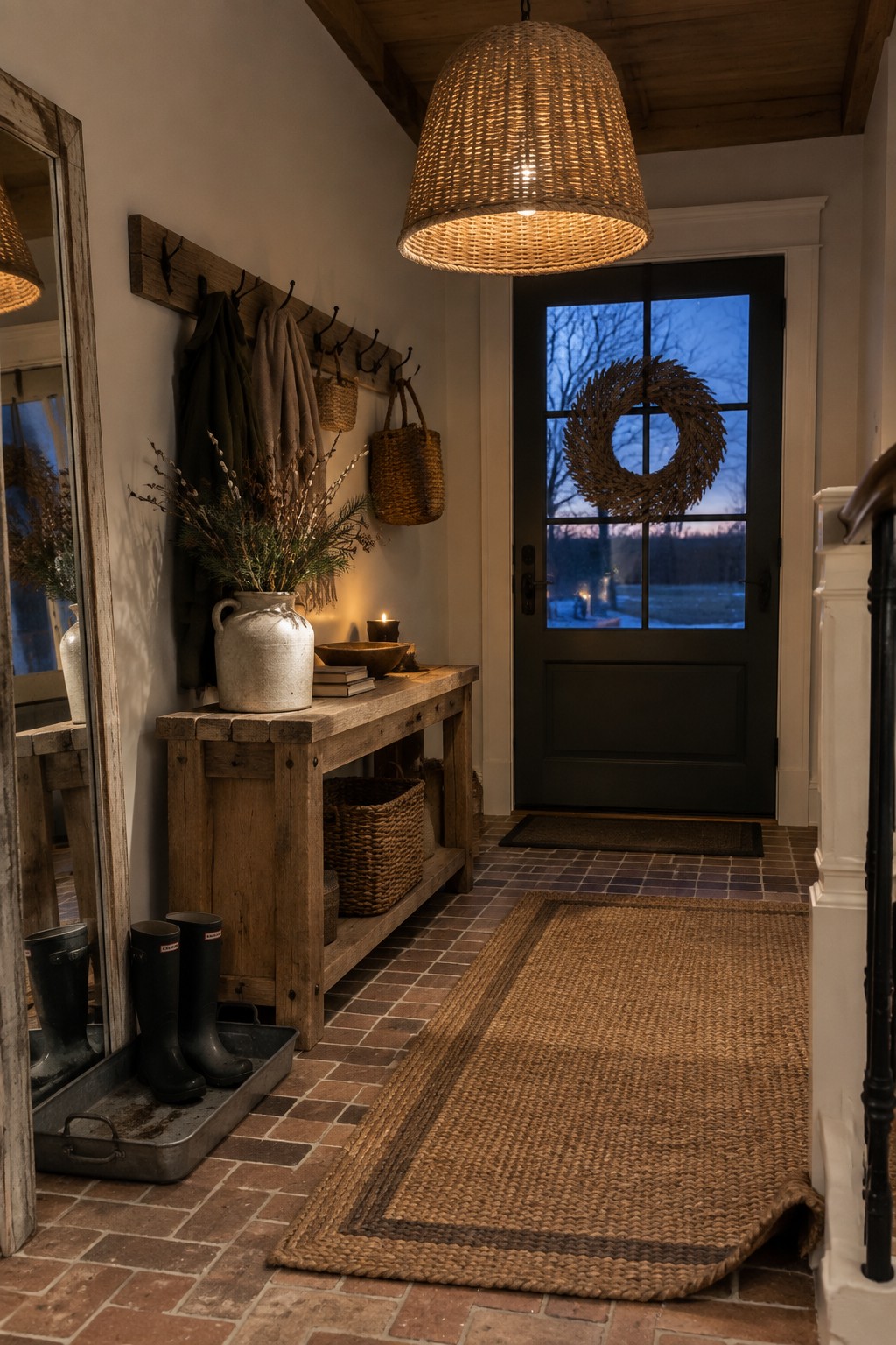 A home foyer with a large woven pendant light hanging above a wooden console table, brick floor, and a dark front door with a wreath.