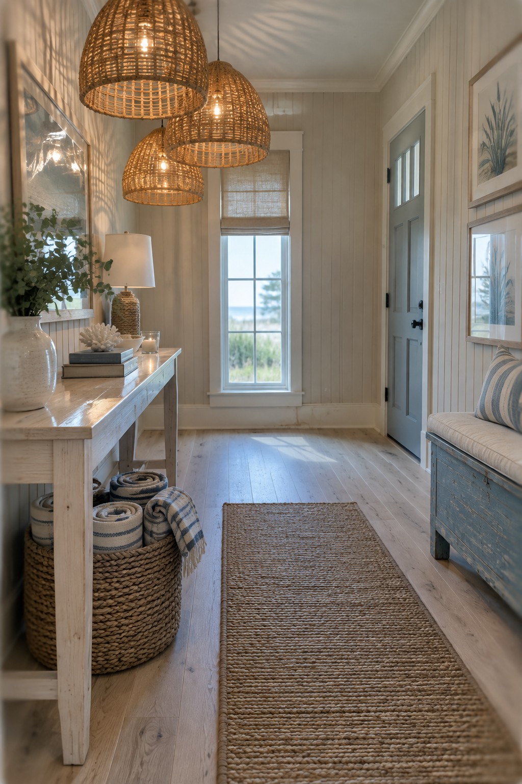 A narrow interior foyer with light wood floors, three large woven pendant lights hanging in a row, a wooden console table on the left holding a lamp and books, and a blue door visible on the right.