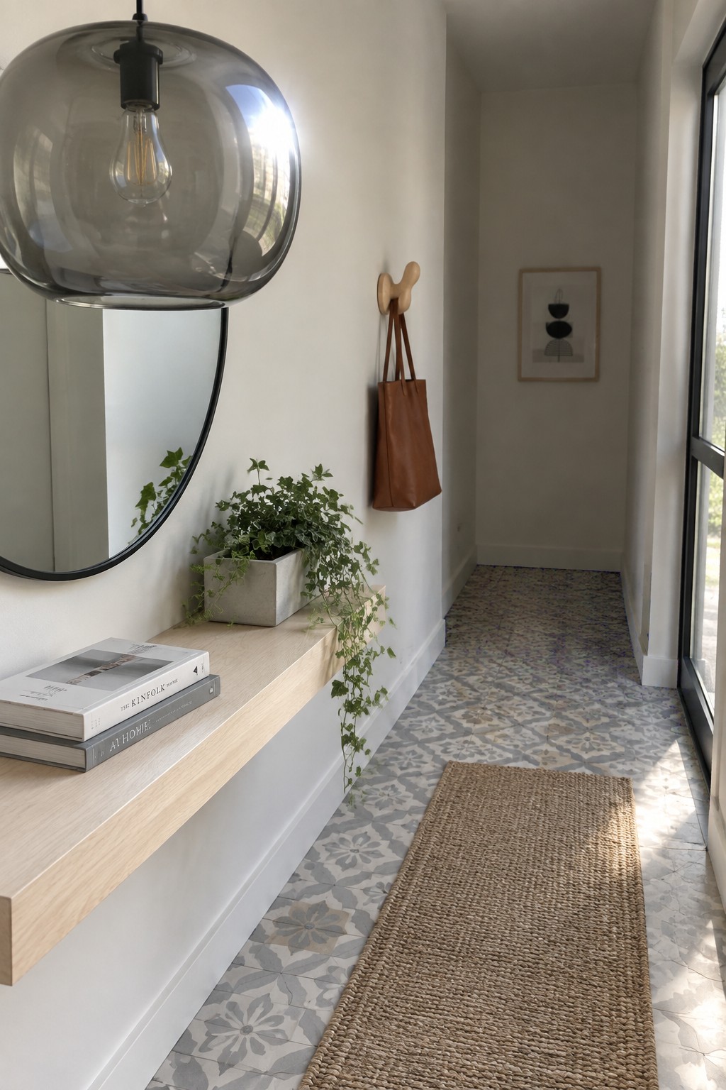 A narrow interior hallway with a large gray glass pendant light above a floating wooden bench, round mirror, and patterned tile floor.
