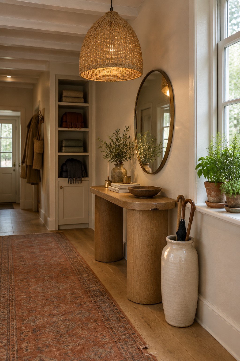 A narrow foyer interior showing a large woven pendant light above a wooden console table with a round mirror on the wall.