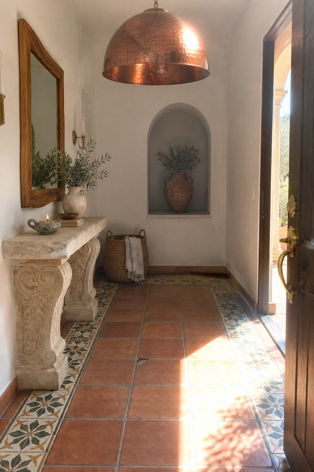 A large hammered copper pendant hangs from the ceiling in a narrow tiled foyer with a stone console table on the left and an open wooden door on the right.