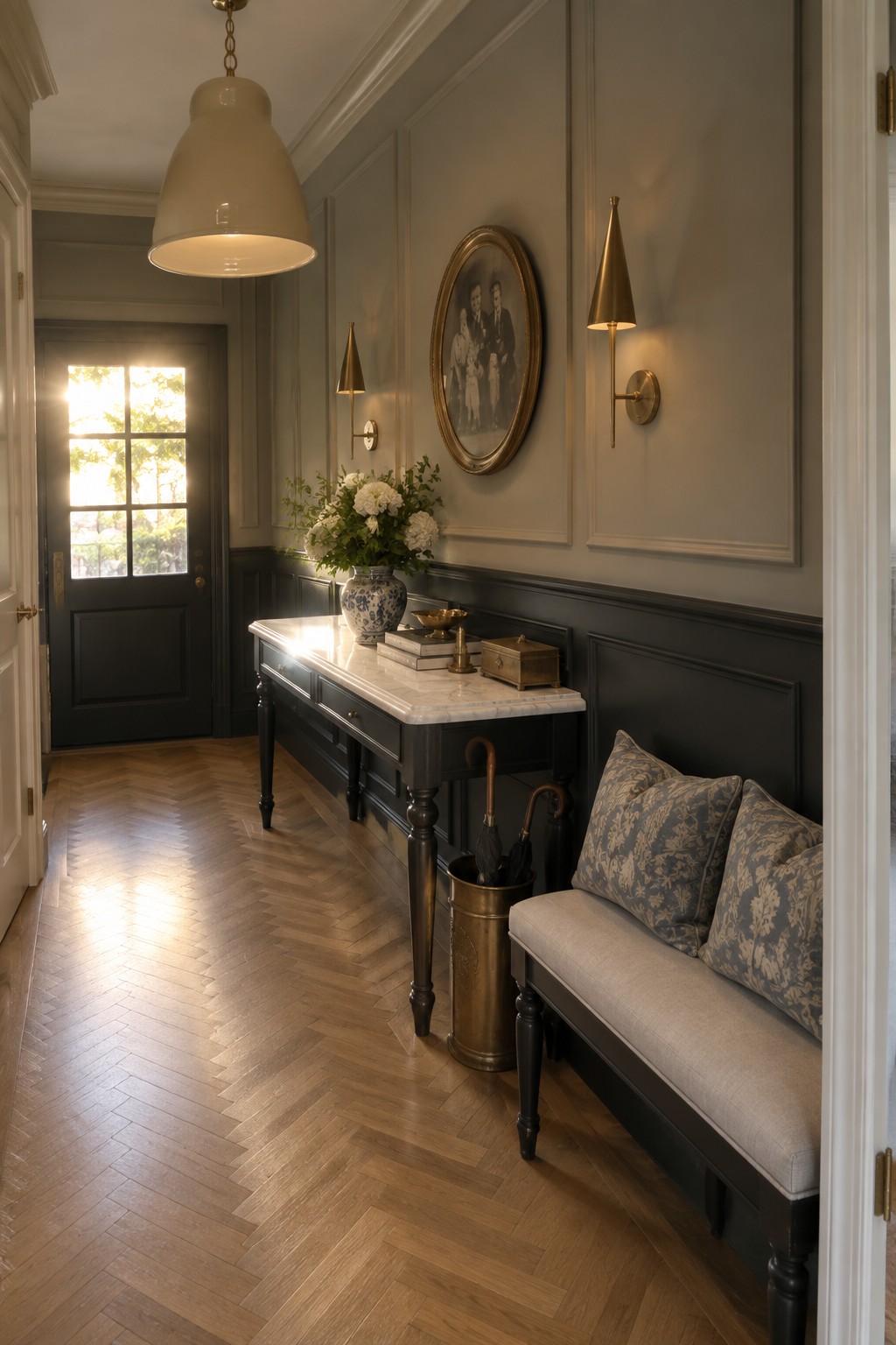 Interior view of a narrow foyer with a large off-white pendant light, dark console table, upholstered bench, and front door at the far end.