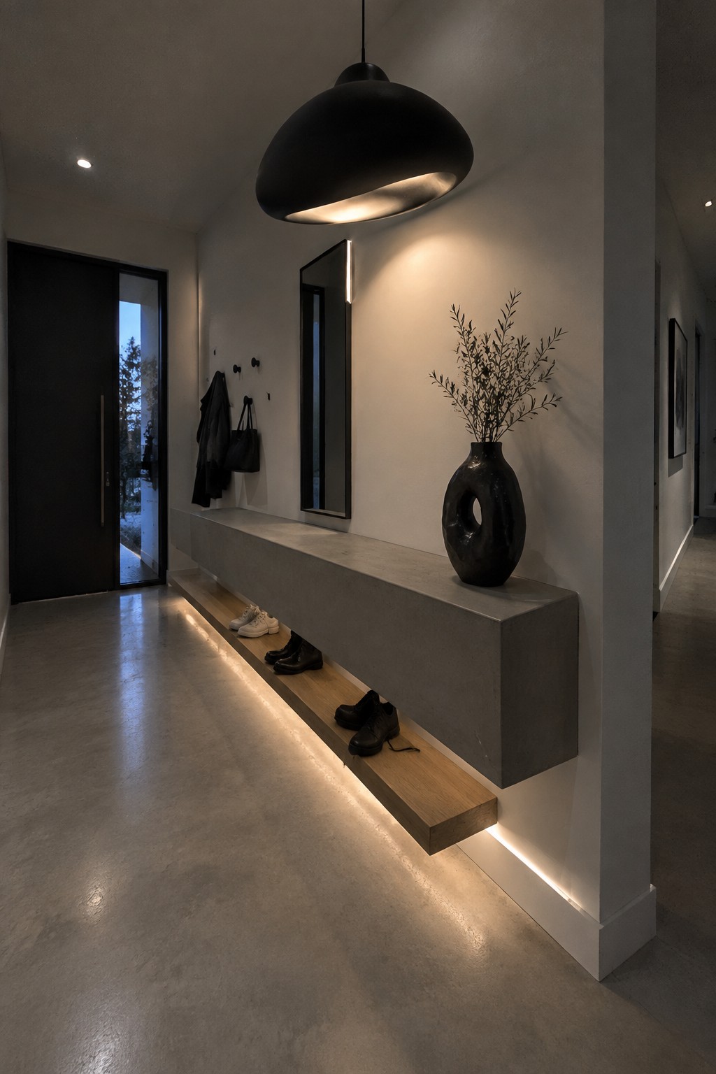 Modern entryway with floating concrete bench, black vase, shoes, mirror, and pendant light.