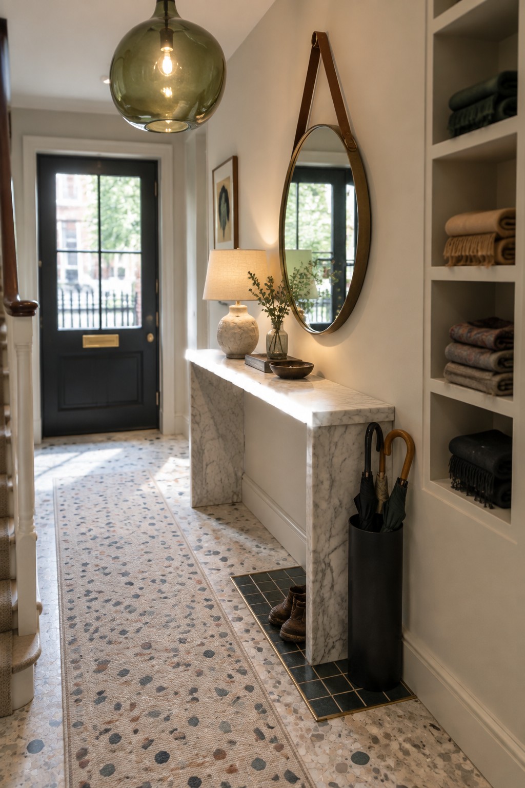 A narrow interior foyer with terrazzo flooring, a large green glass pendant light hanging from the ceiling, a marble console table against the wall, and built-in shelving on the right side.