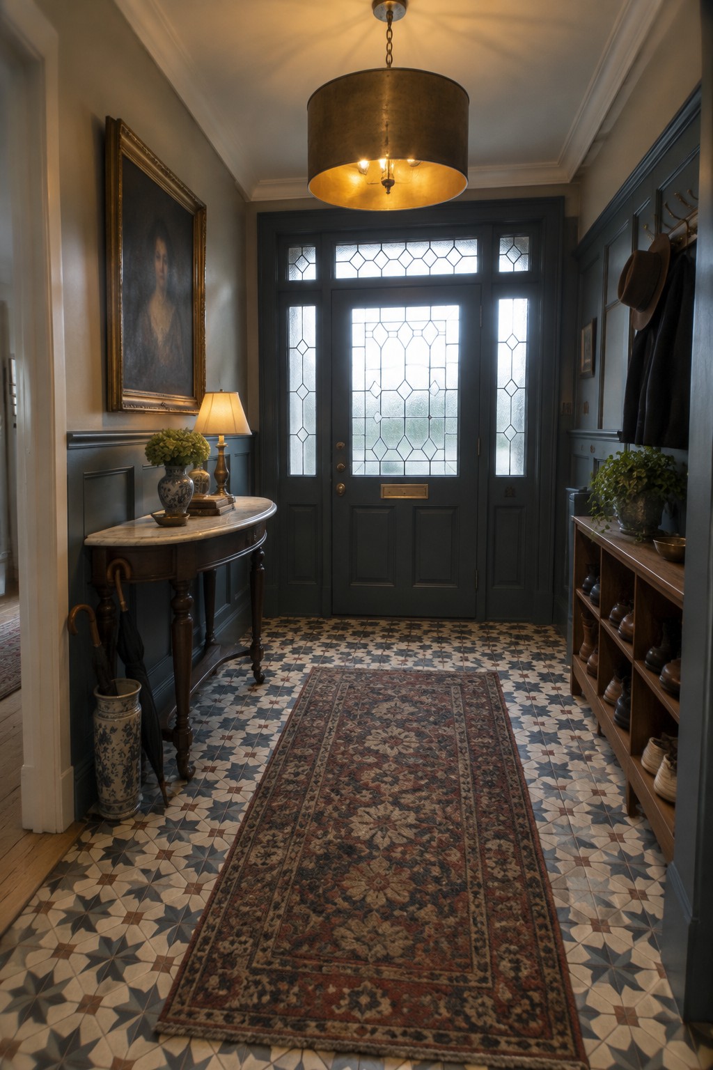 A narrow foyer with a large brass drum pendant centered above a long patterned rug, dark wainscoting, and a front door with leaded glass panels.