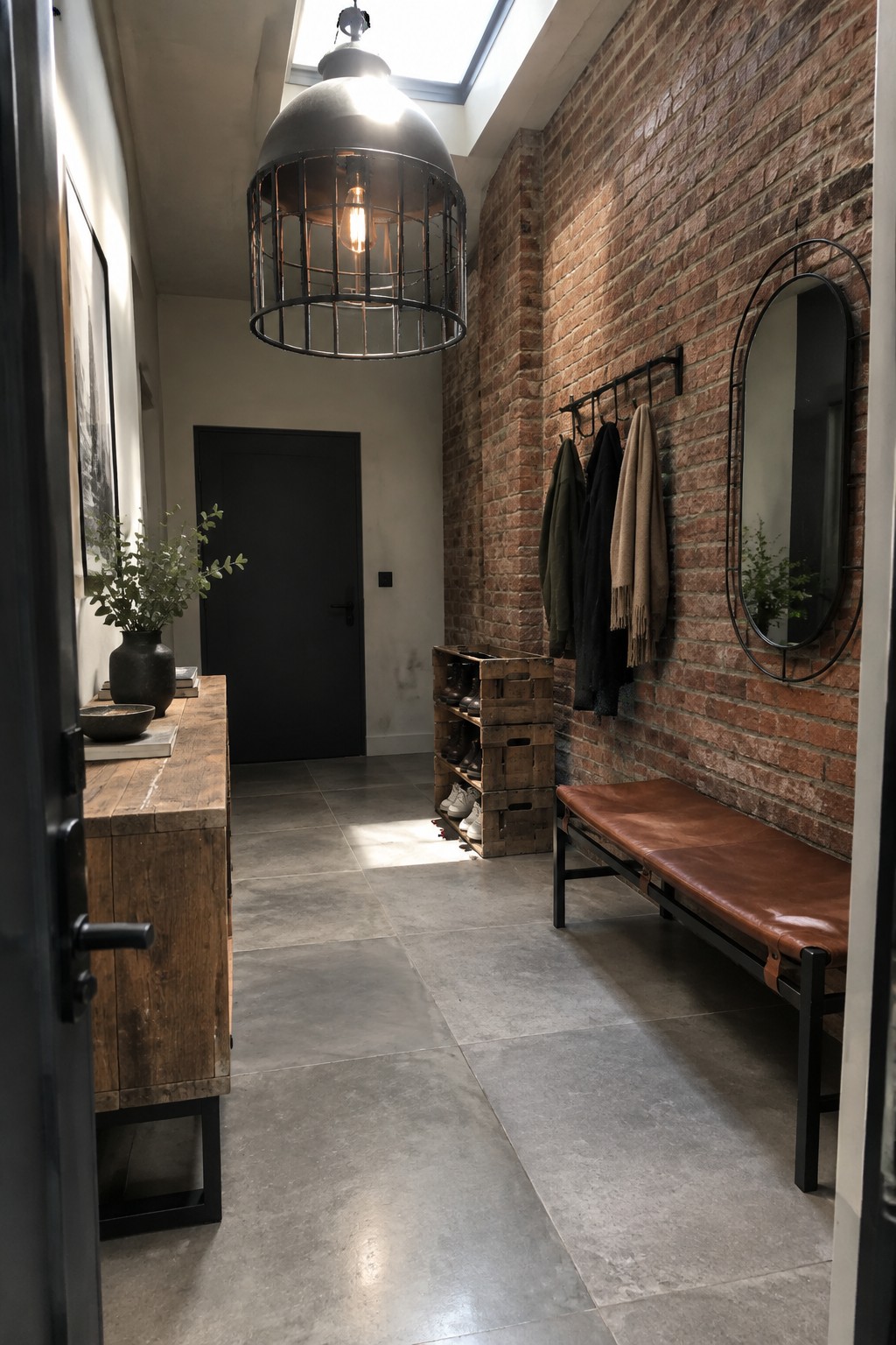 A narrow interior foyer features a large black metal cage pendant light hanging above gray tile flooring, with a wooden console on the left and a brown leather bench against a red brick wall on the right.