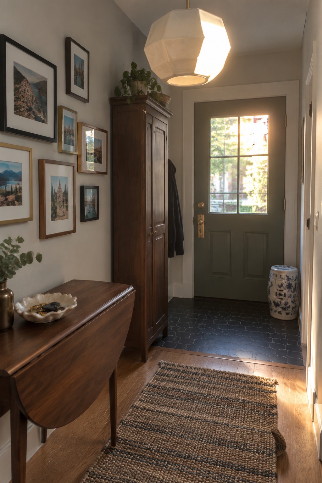 A narrow interior foyer with a large white faceted pendant light hanging from the ceiling above a wooden drop leaf table, a striped rug, and a gallery wall of framed pictures next to a green front door.