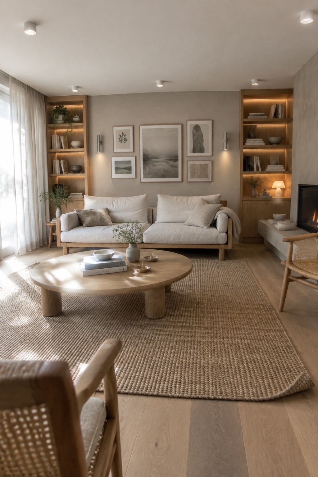 A living room with a light wood sofa against a beige wall, flanked by wooden built-in shelves with integrated lighting, a round coffee table on a woven rug, and wall sconces beside framed art.