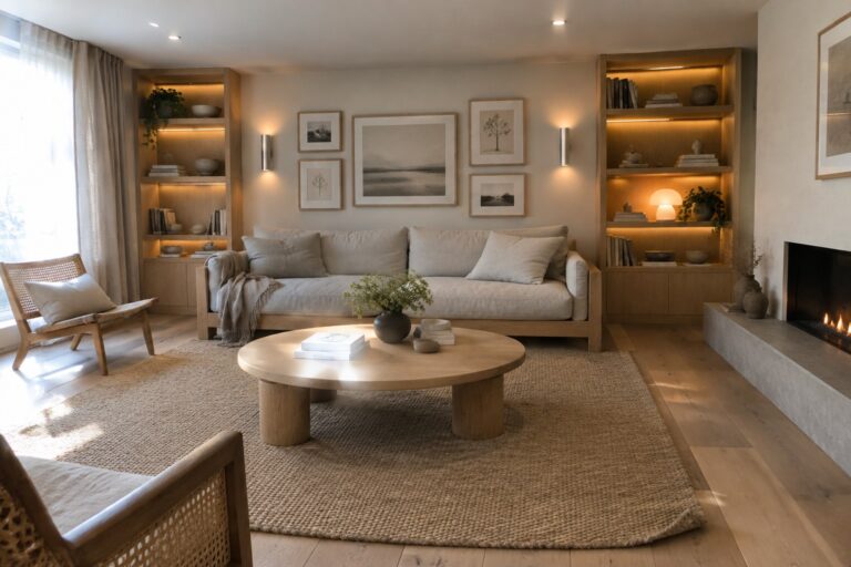A living room with a light wood sofa against a beige wall, flanked by wooden built-in shelves with integrated lighting, a round coffee table on a woven rug, and wall sconces beside framed art.