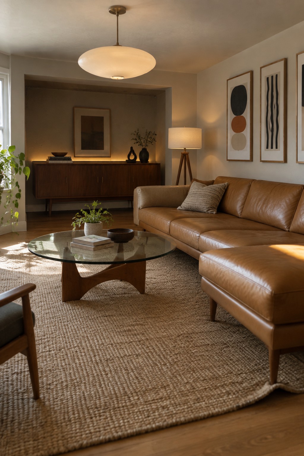 A living room featuring a large round pendant light above a glass coffee table, a brown leather sofa with a patterned pillow, a tripod floor lamp, and abstract framed art on the wall.