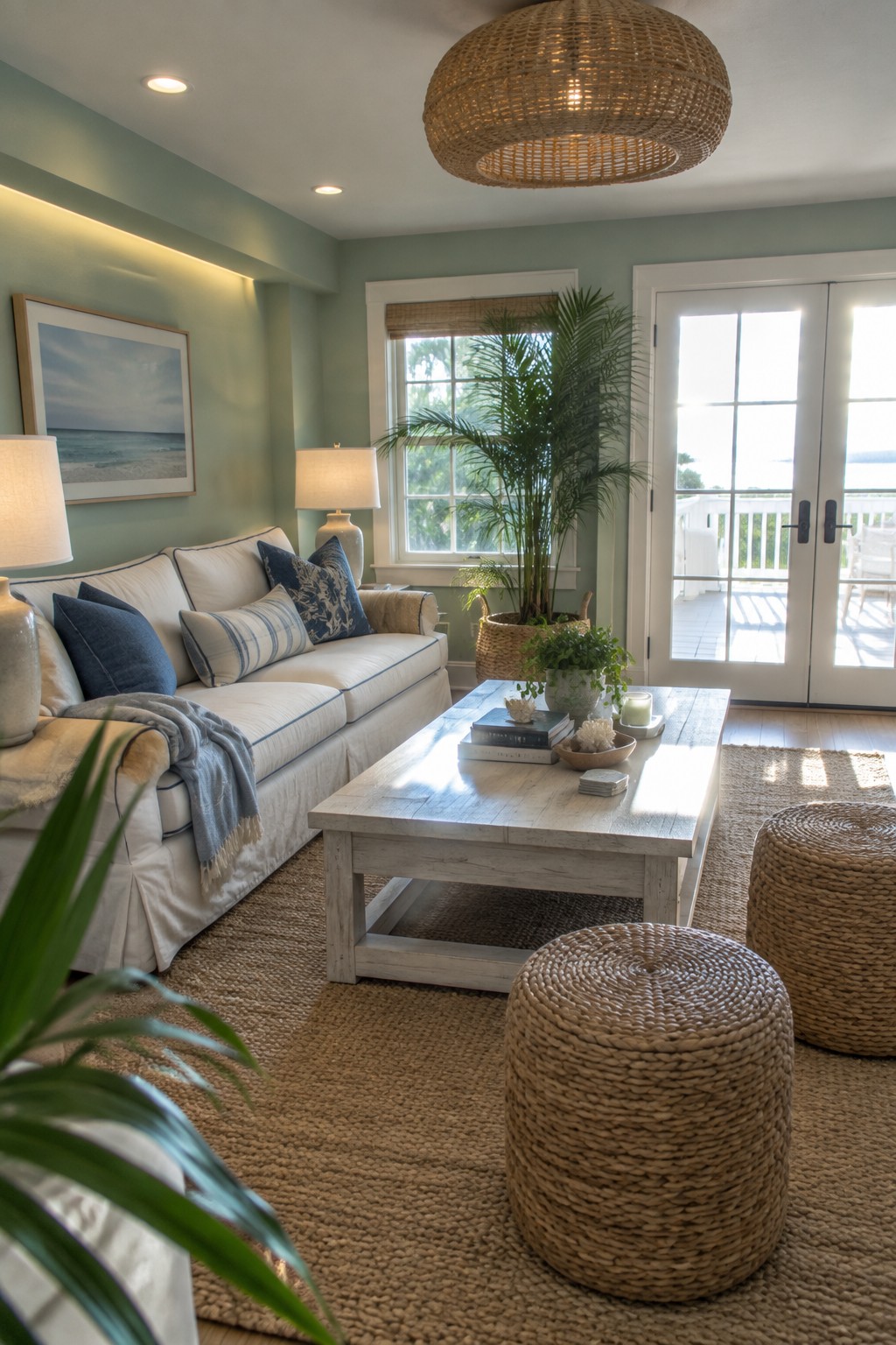 Coastal living room with white sofa, wooden coffee table, woven ottomans, and ocean-view doors