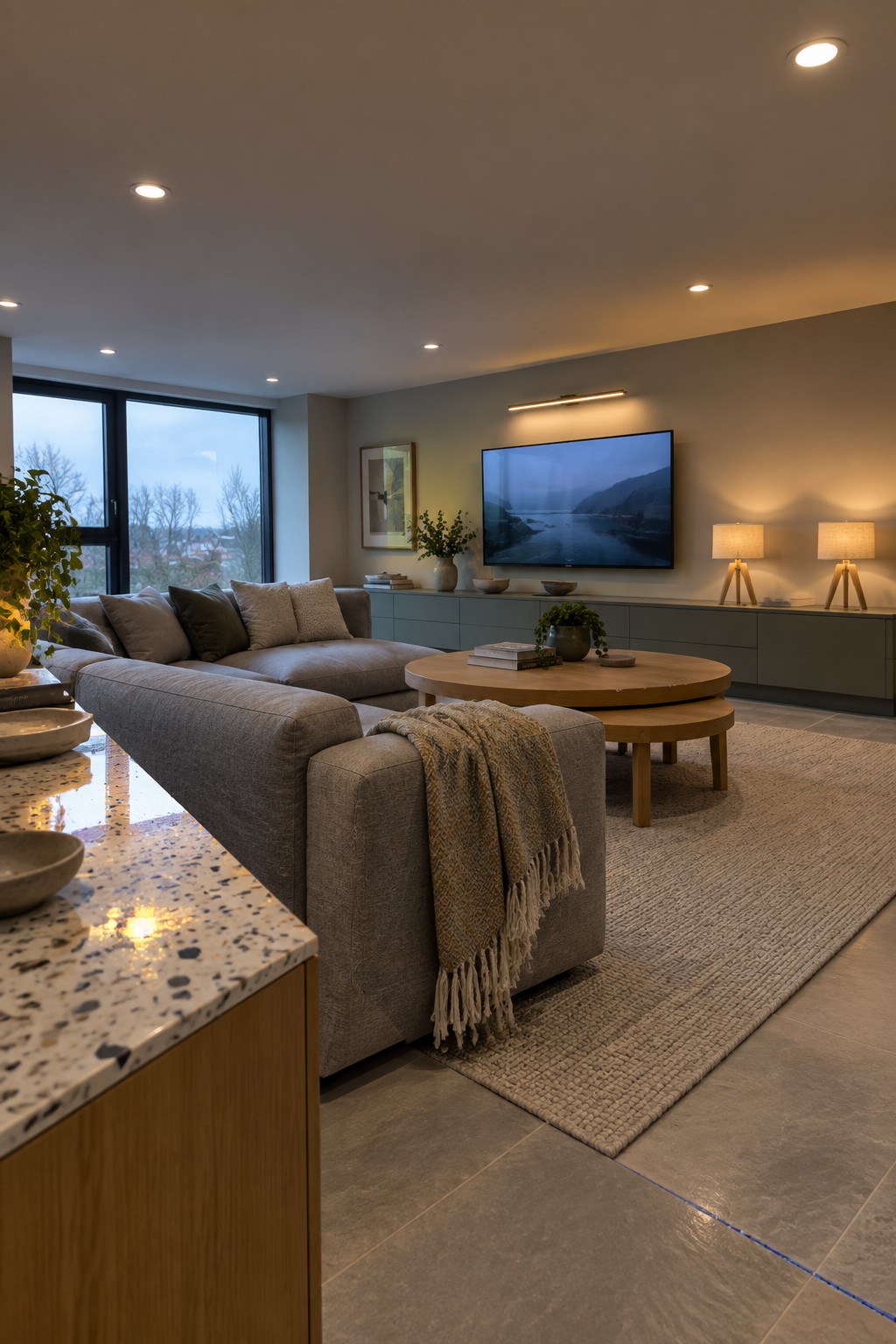 A modern living room with a gray sectional sofa, round wooden coffee table, large wall-mounted TV with a linear light above it, two table lamps on a gray console, recessed ceiling lights, and large windows on the left.