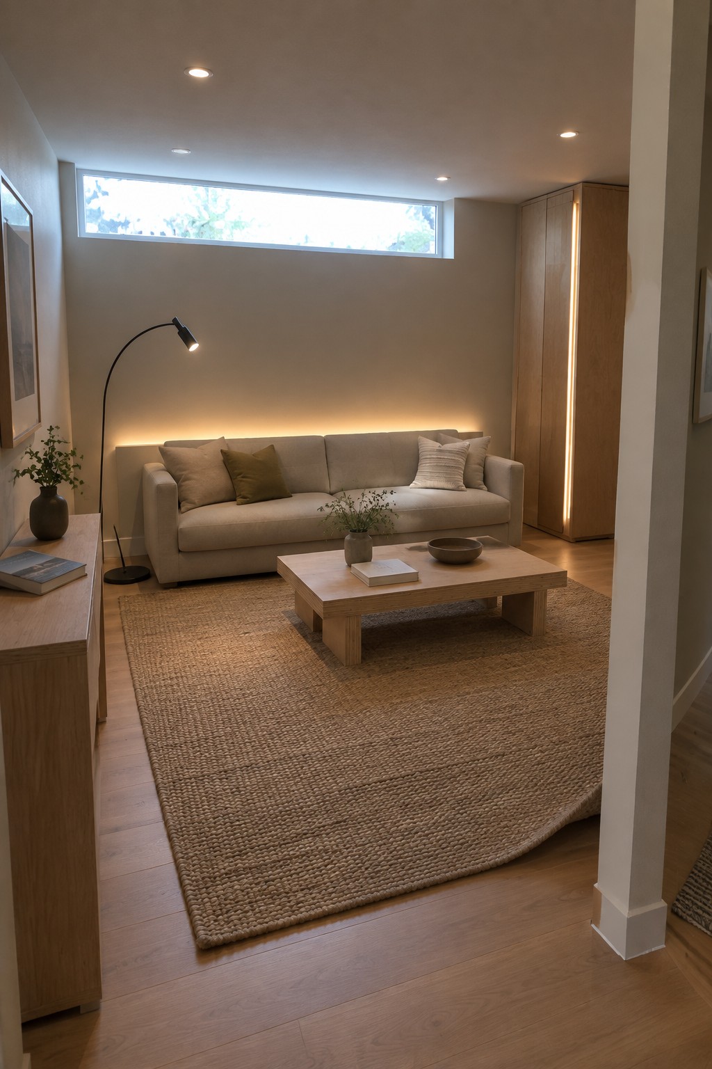 Modern living room with beige sofa, oak coffee table, and large woven rug under warm lighting.