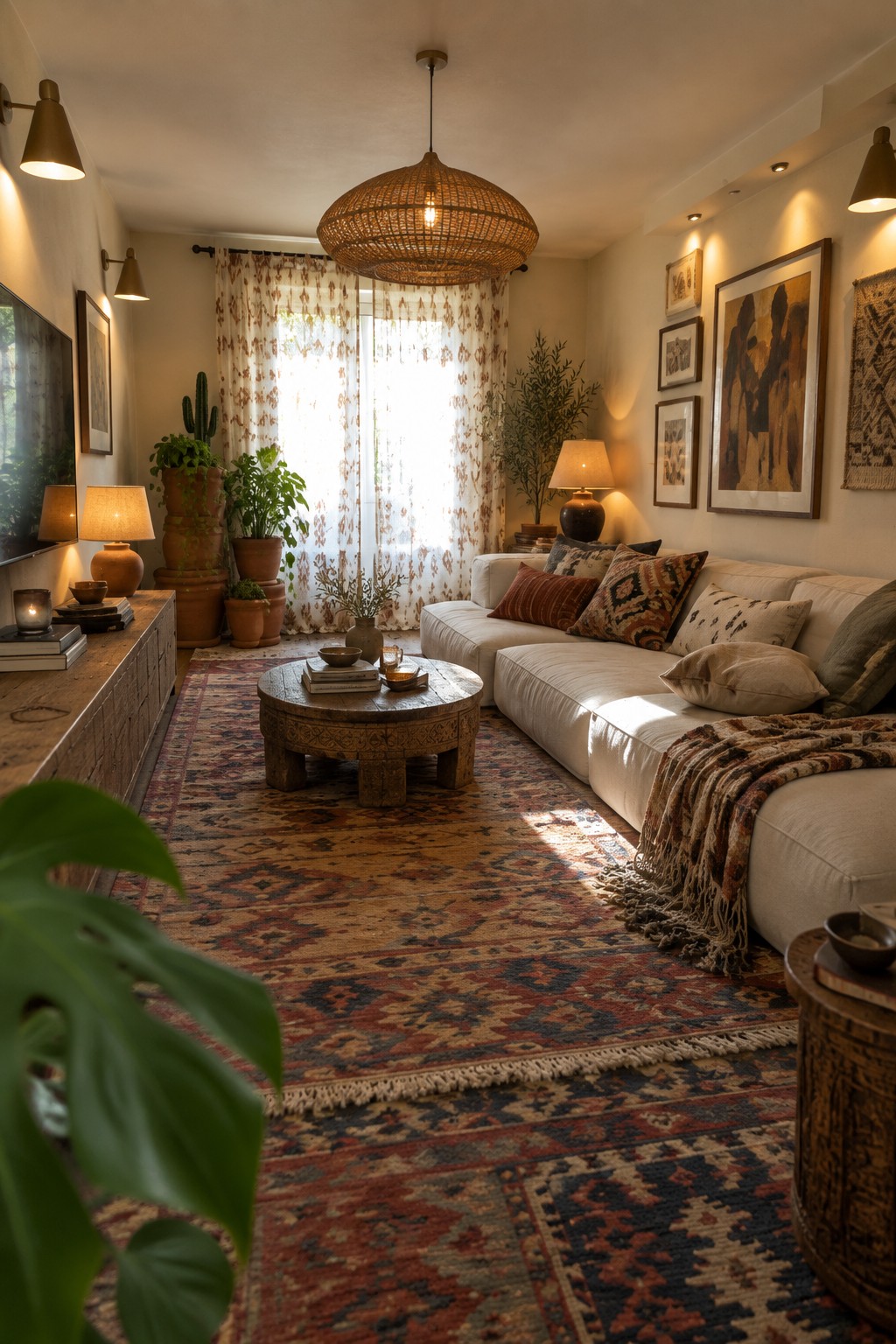 A living room interior with a white sectional sofa, large patterned rug, round wooden coffee table, woven pendant light, wall sconces, table lamps, and potted plants near windows with sheer curtains.