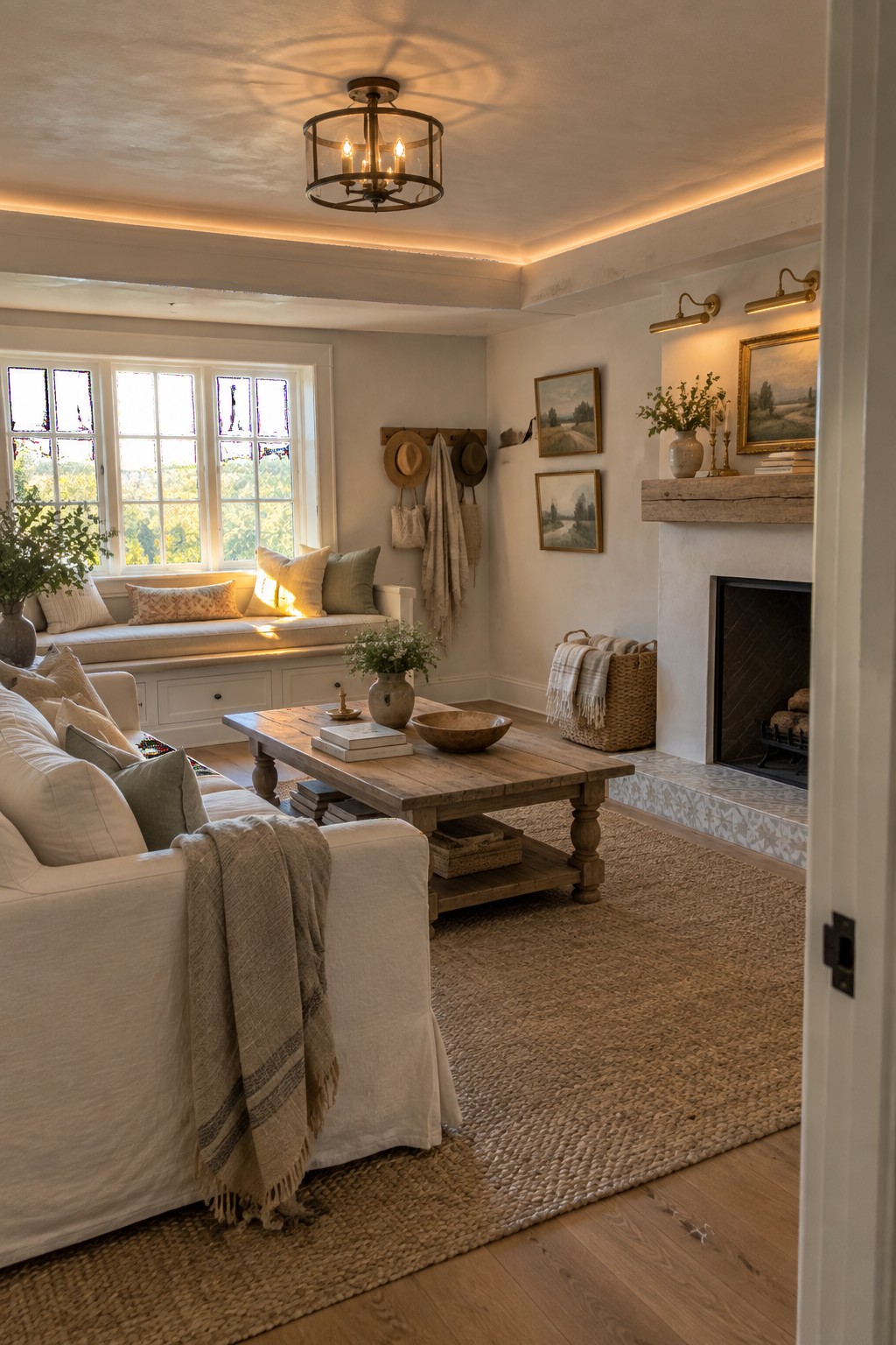 Cozy farmhouse living room with white sofa, rustic coffee table, and fireplace.