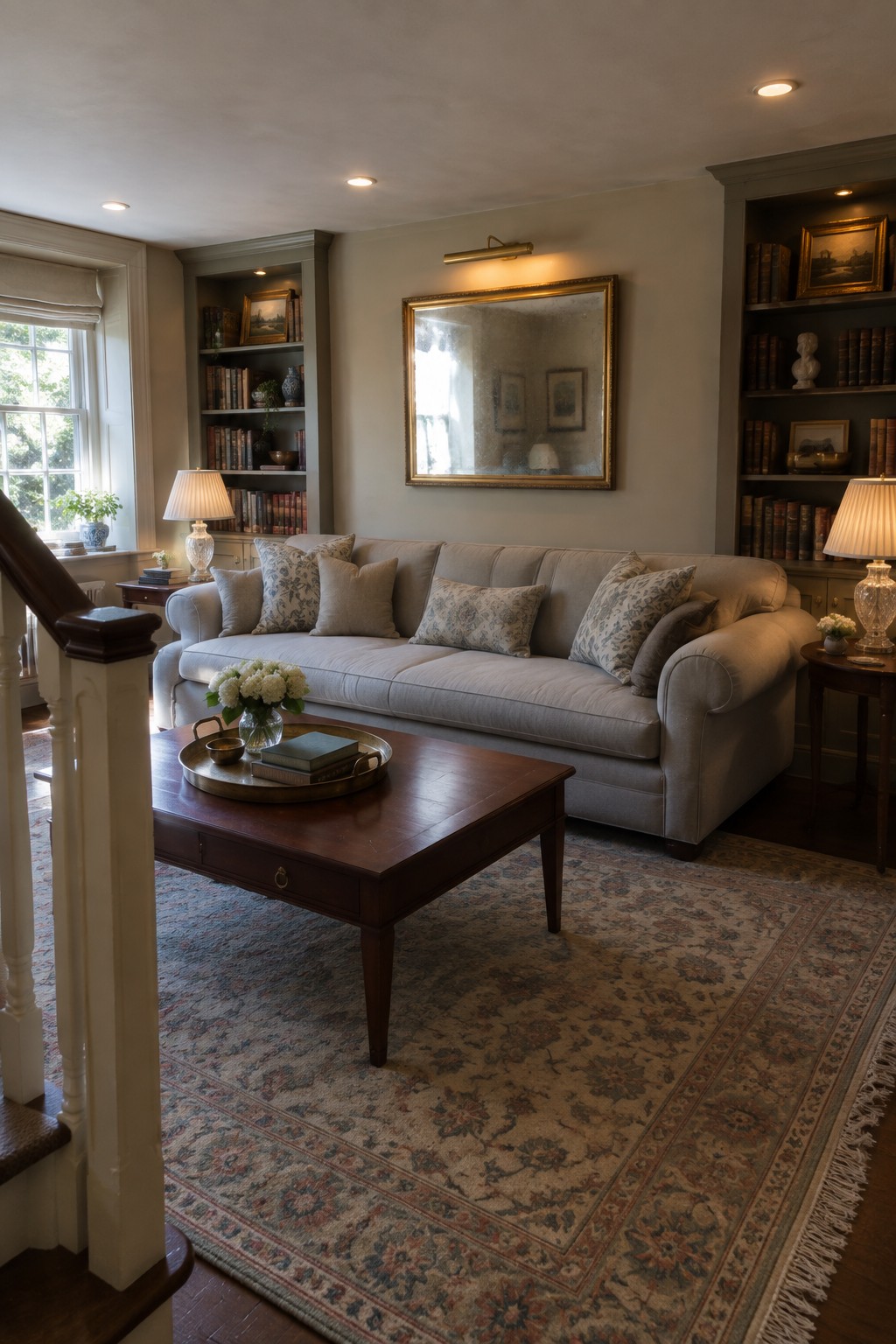 Elegant living room with beige sofa, wooden coffee table on patterned rug, and bookshelves
