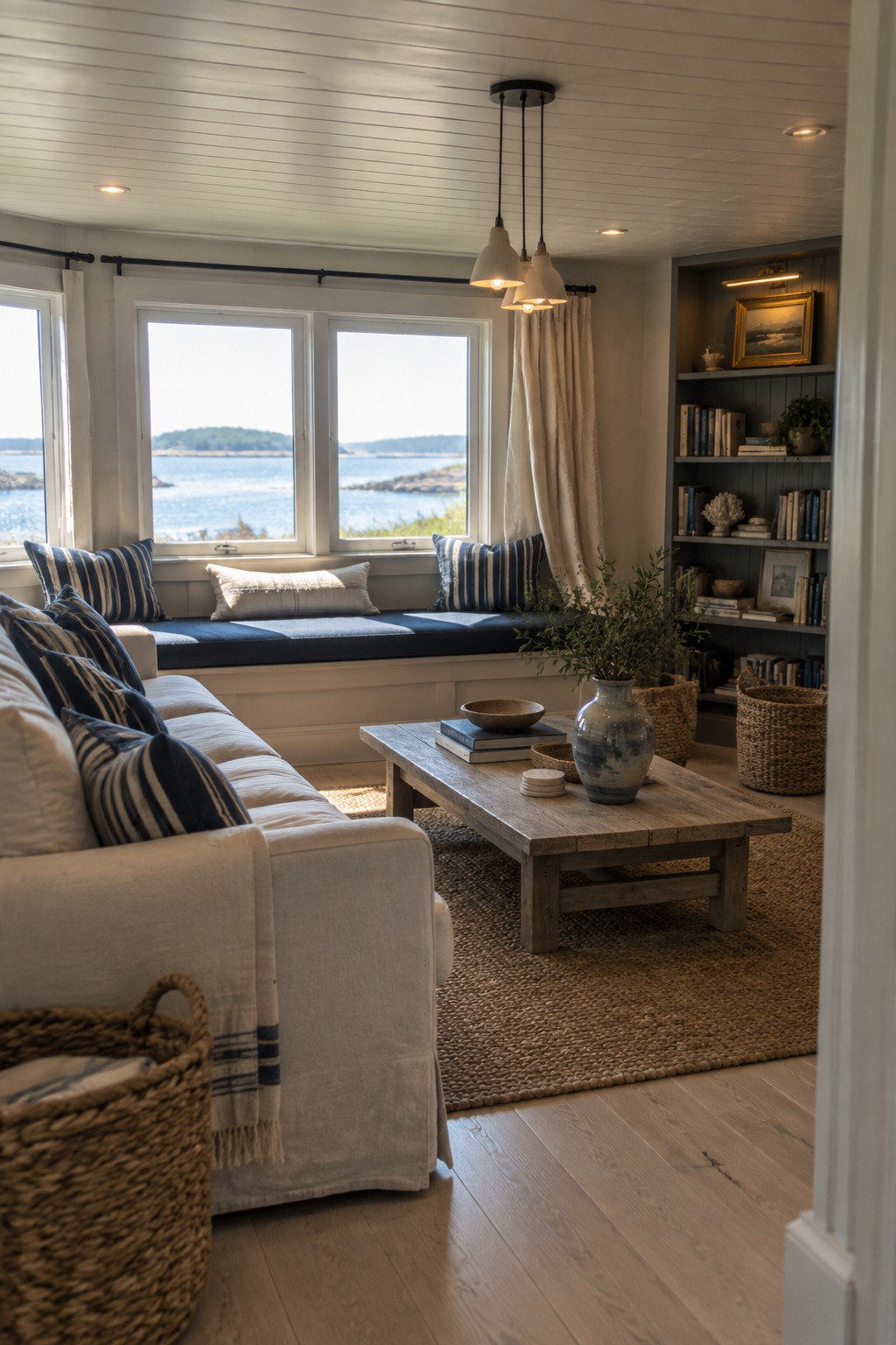 Coastal living room with white sofa, blue window seat, wooden table, and bookshelves.
