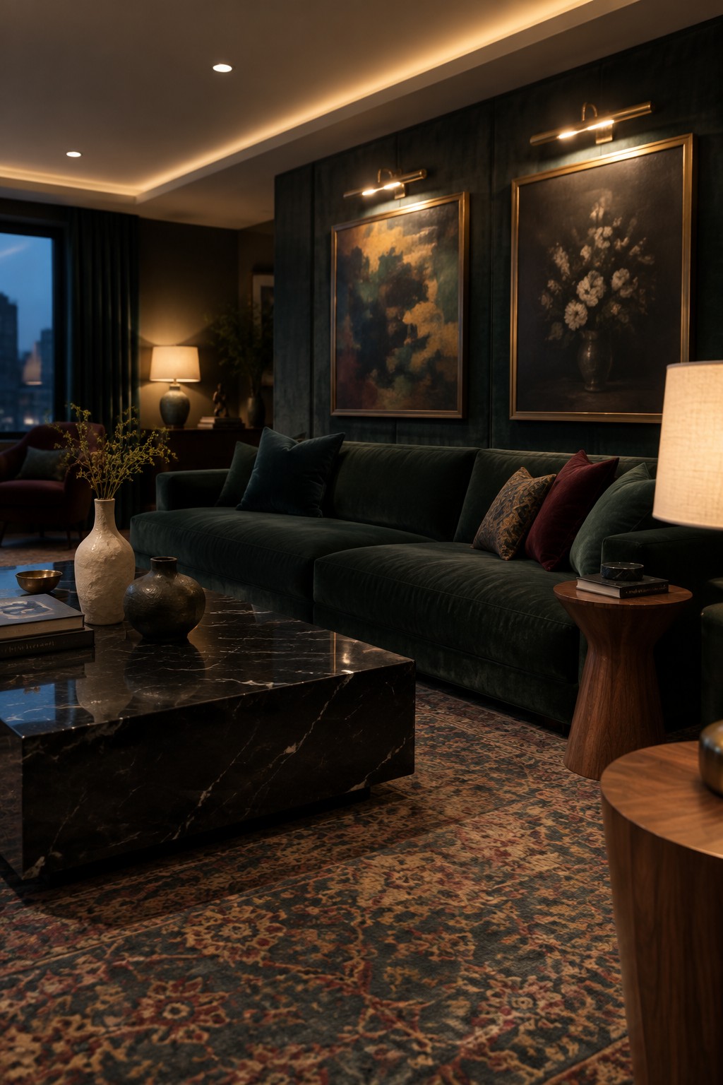A living room with a dark green velvet sofa, marble coffee table on a patterned rug, two large framed paintings lit by wall sconces, and recessed ceiling lights.