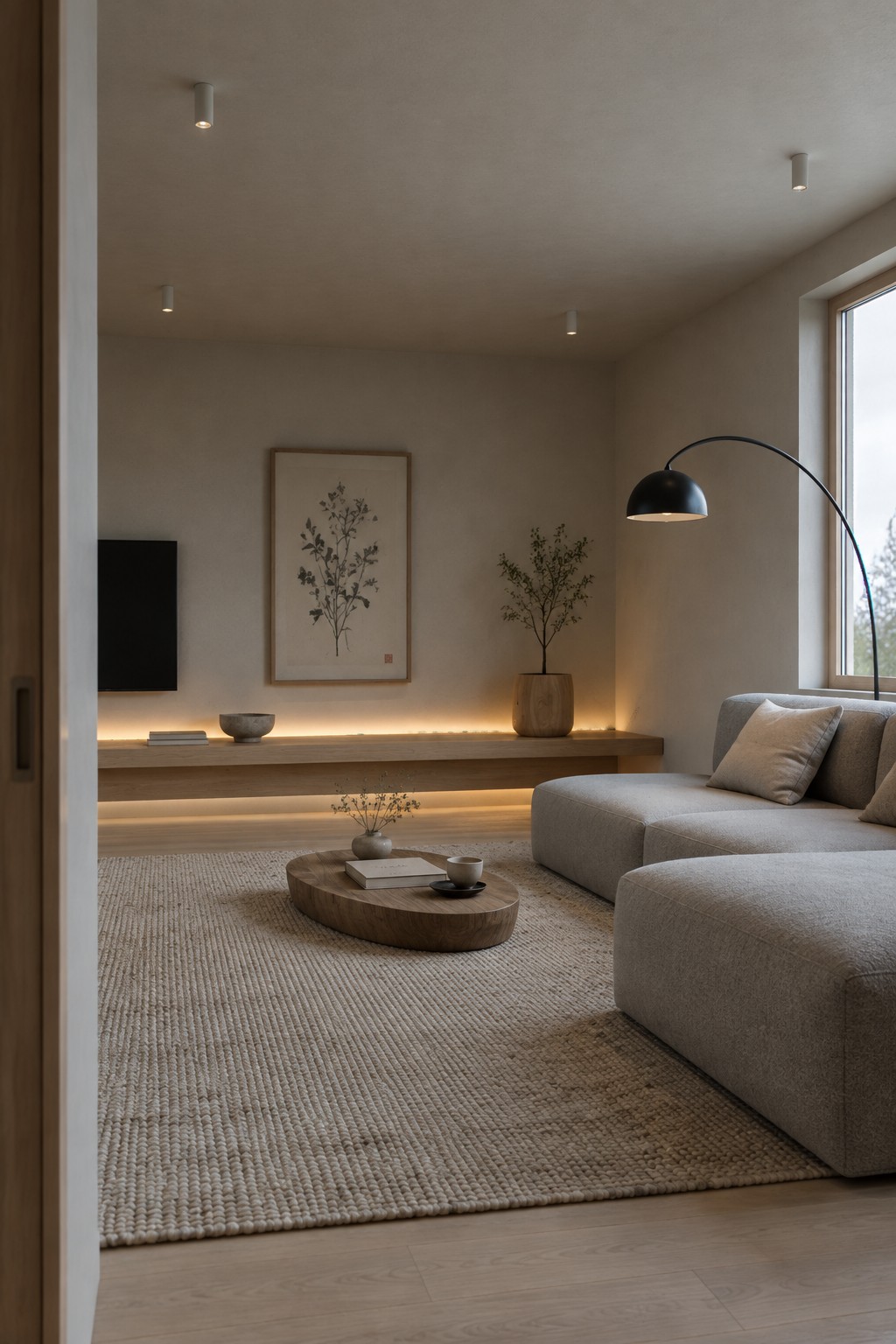 A living room with recessed ceiling lights, an arched black floor lamp, a gray sectional sofa, a round wooden coffee table on a woven rug, and a floating wooden shelf with underlighting.