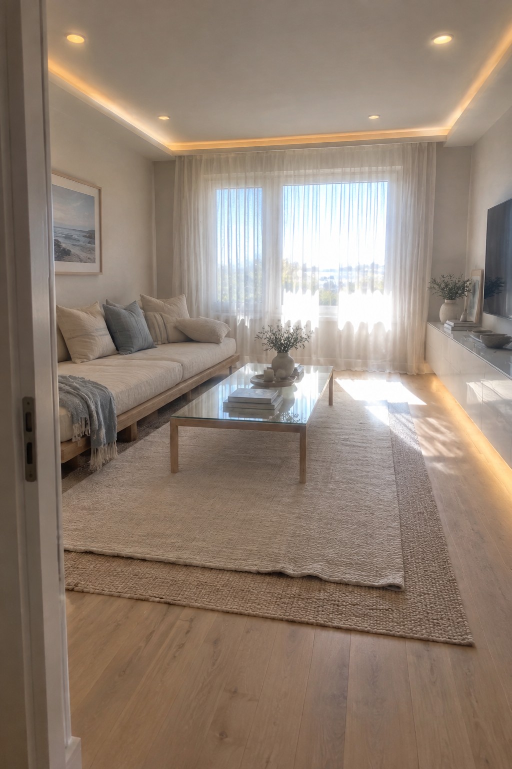 A living room with a low ceiling, recessed lights, cove lighting along the edges, a beige sofa, a glass coffee table, and large windows covered with sheer white curtains.