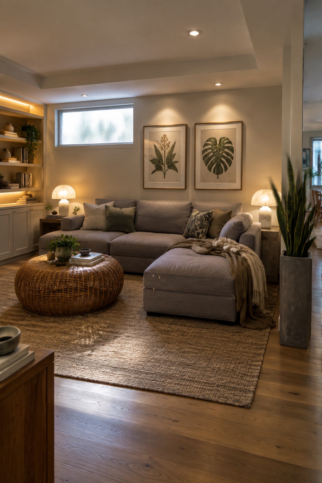 A living room with a gray sectional sofa, round woven coffee table, two botanical prints above the sofa, and warm light from two table lamps on either side.