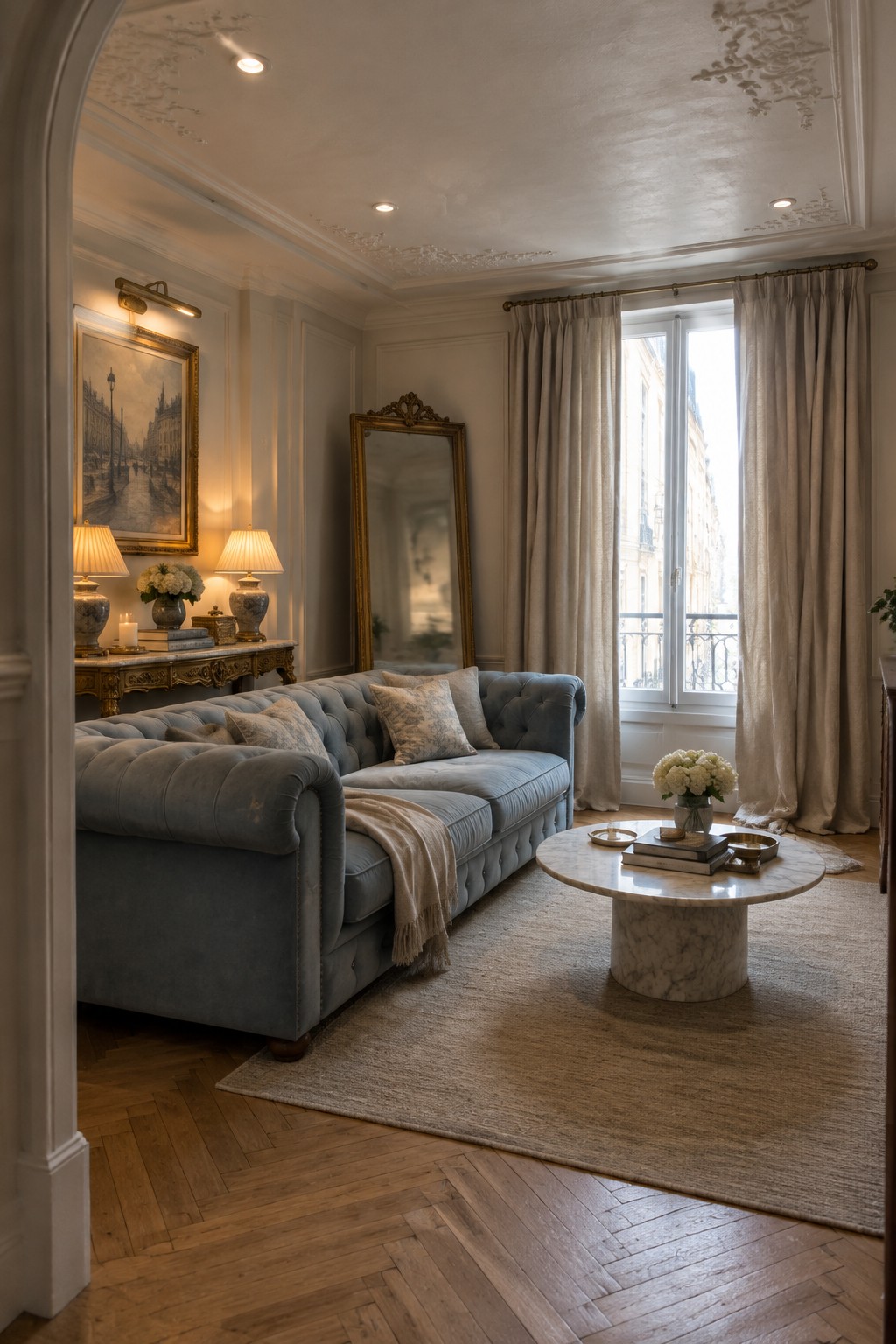 Elegant blue tufted sofa with marble coffee table in a classic Parisian living room