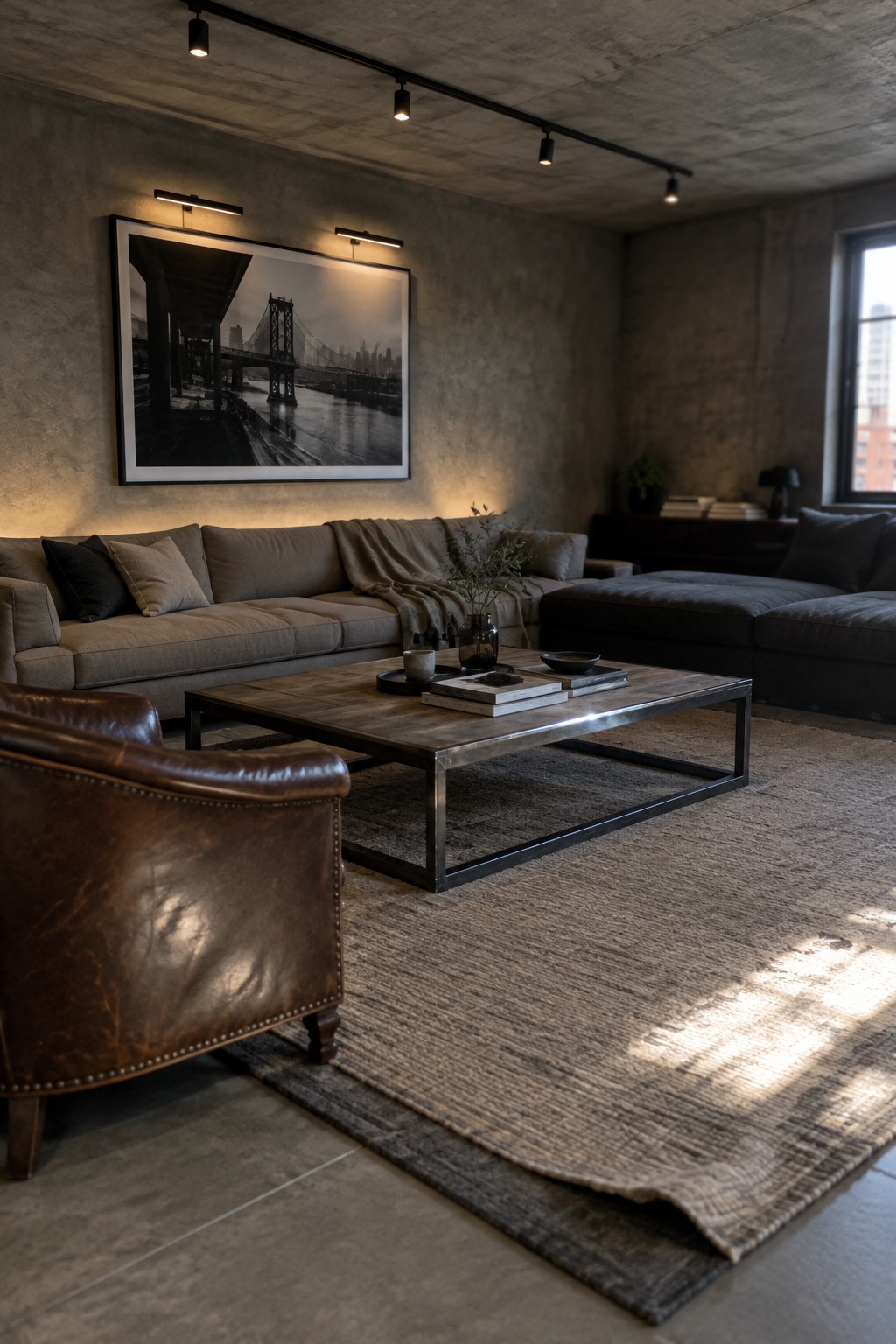 Living room with concrete walls and ceiling, gray sectional sofa, wooden coffee table, and layered lighting from ceiling track lights plus wall sconces.