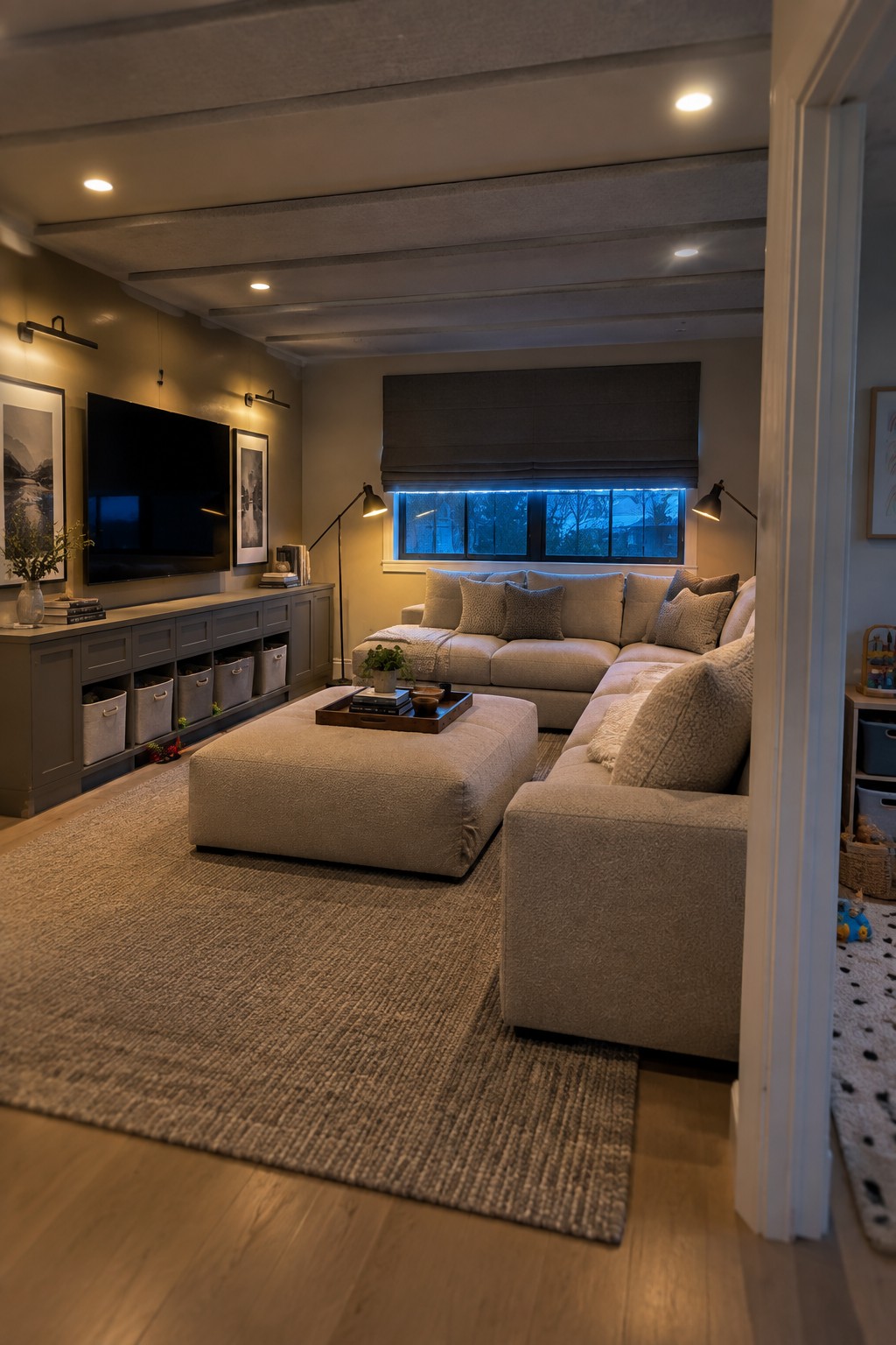 Cozy living room with beige sectional sofa, ottoman, woven rug, TV console, and lit window