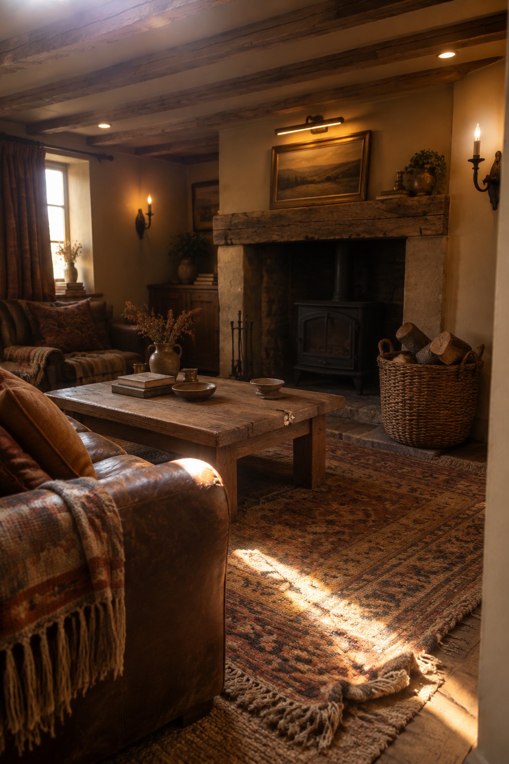 A living room with exposed wooden ceiling beams, a leather sofa in the foreground, a wooden coffee table, a stone fireplace with a wood stove, and wall sconces providing warm lighting.