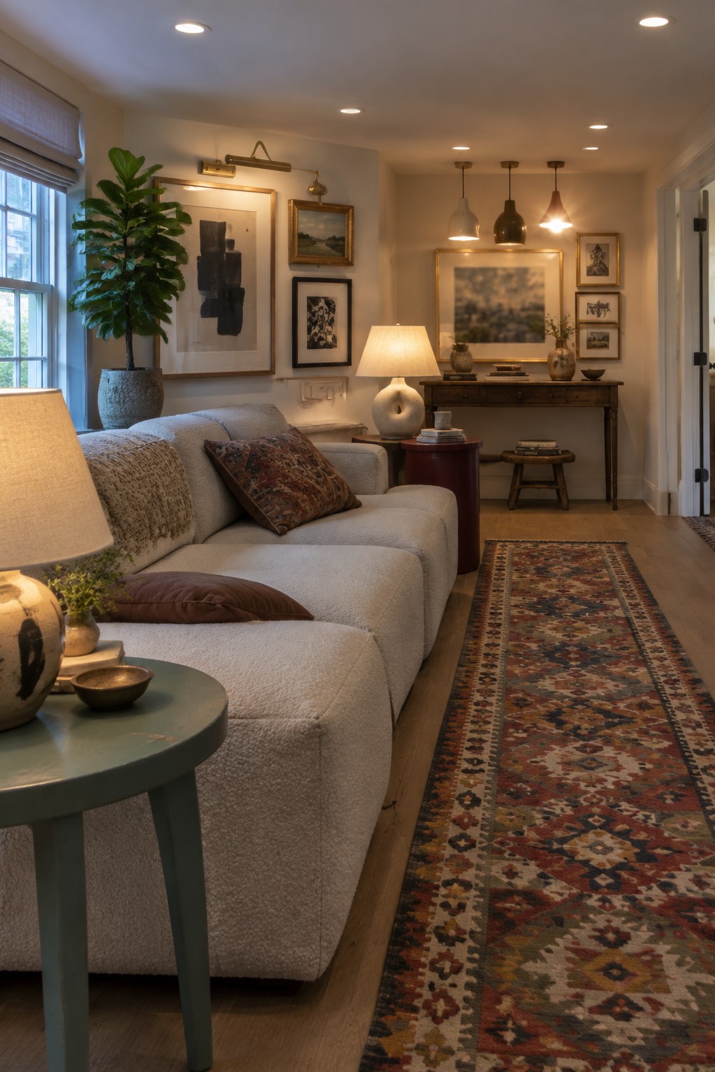Cozy living room with white sofa, colorful runner rug, gallery wall, and fiddle leaf fig.