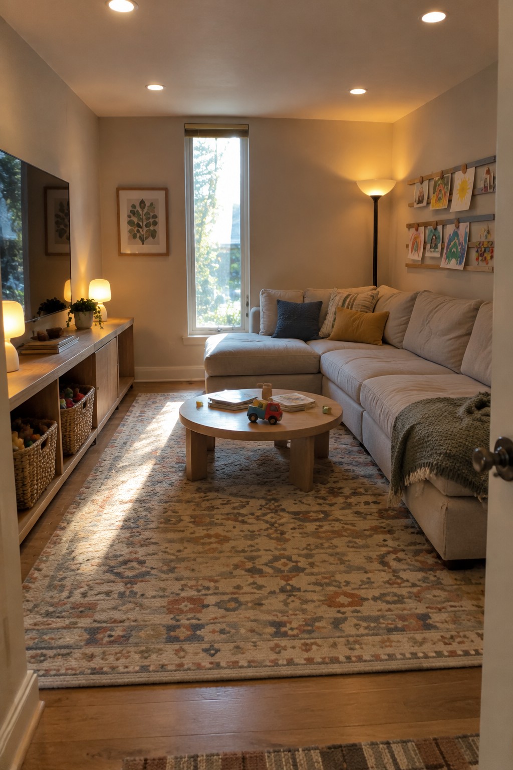 A living room with a low ceiling, sectional sofa, round coffee table on a patterned rug, tall floor lamp, table lamps on a console, and recessed ceiling lights.