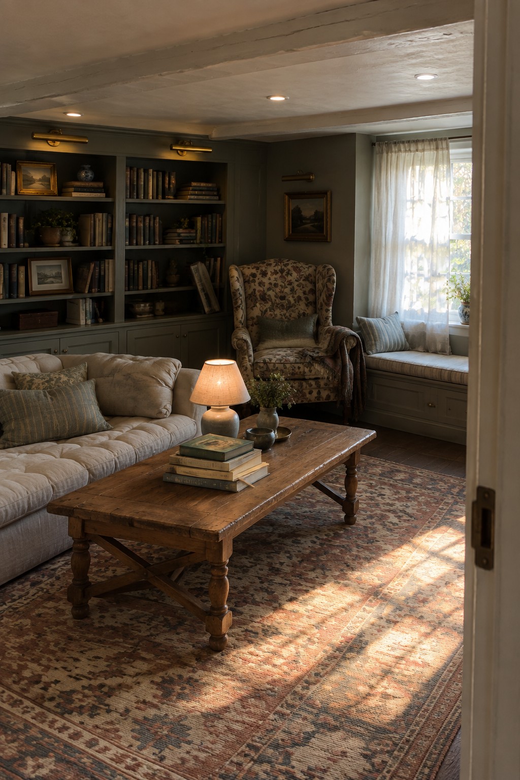 A low-ceiling living room with built-in bookshelves, a tufted sofa, a wooden coffee table holding a lit table lamp, a floral armchair, and a window seat with sheer curtains.
