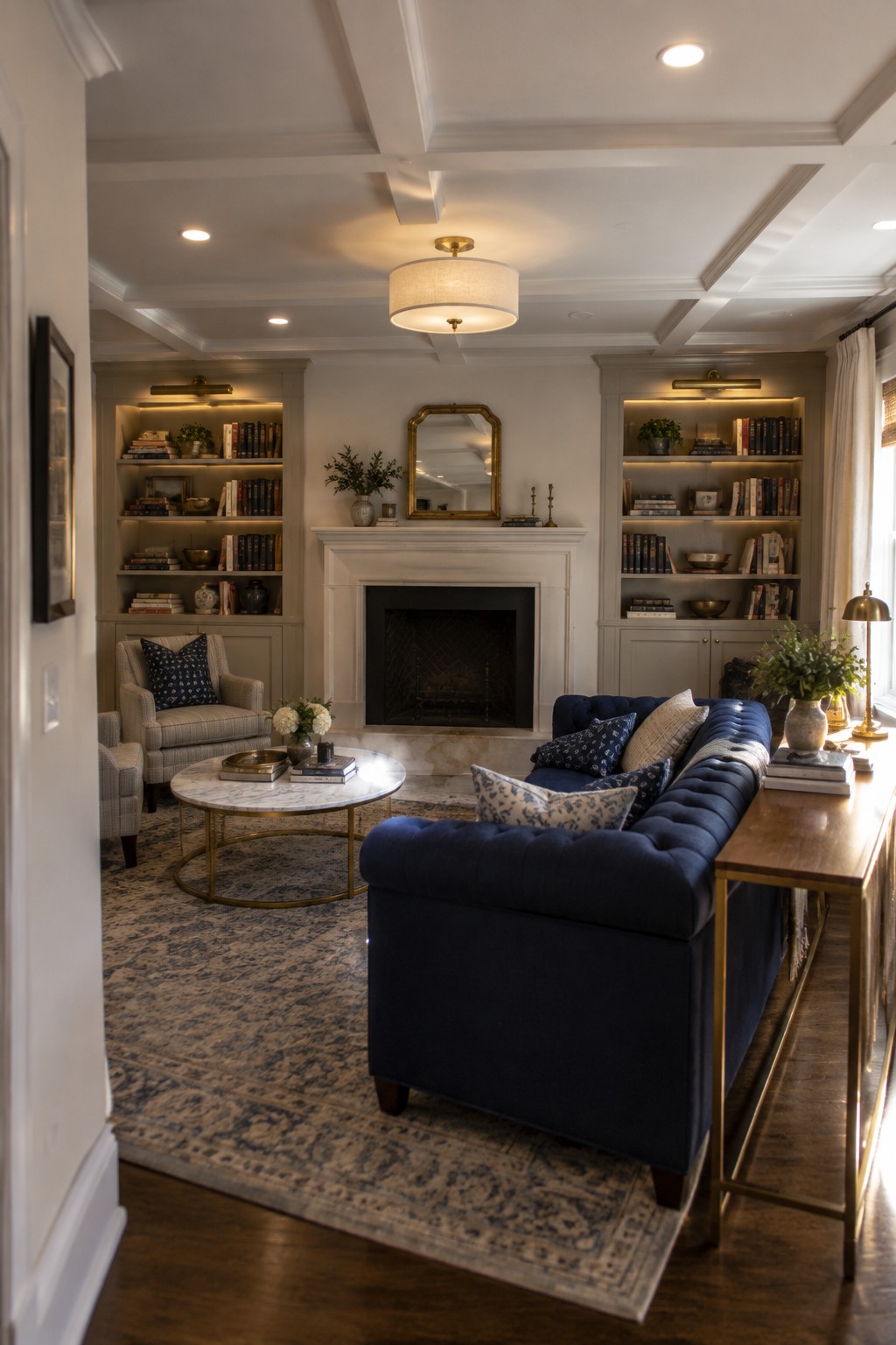 A living room featuring a blue tufted sofa, built-in bookshelves with integrated lighting flanking a white fireplace, a round marble coffee table, and a patterned area rug.