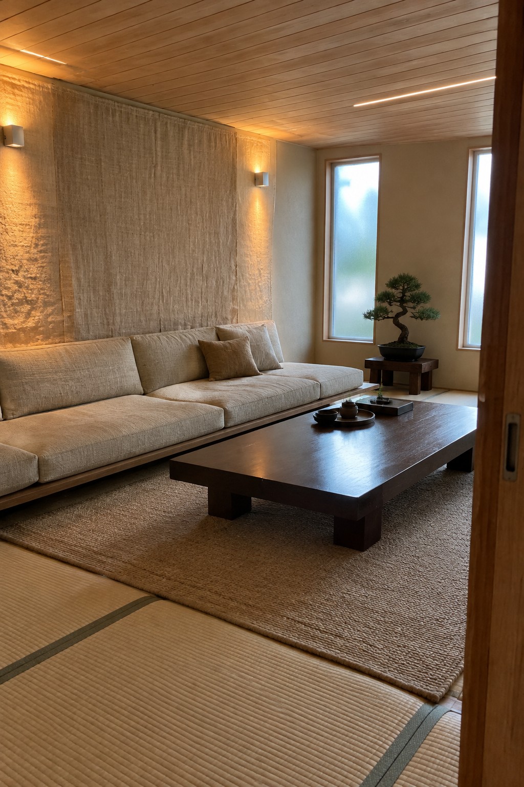 Minimalist Japanese room with beige sofa, low wooden table, bonsai, and tatami mats