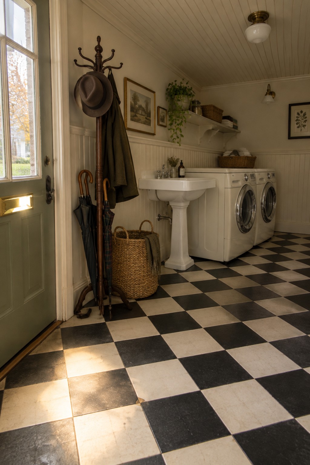 A mudroom laundry room with black and white checkered tile floor, white pedestal sink, two white front-loading washers, wooden coat rack holding coats and hats, woven basket, and green door with glass panels.