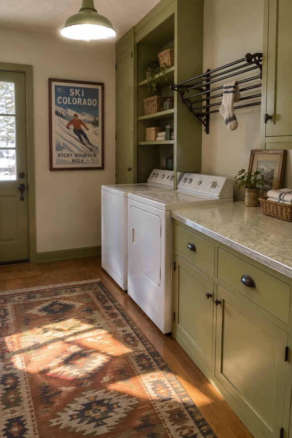 Cozy laundry room with sage green cabinets, white washer dryer, colorful rug and ski poster.